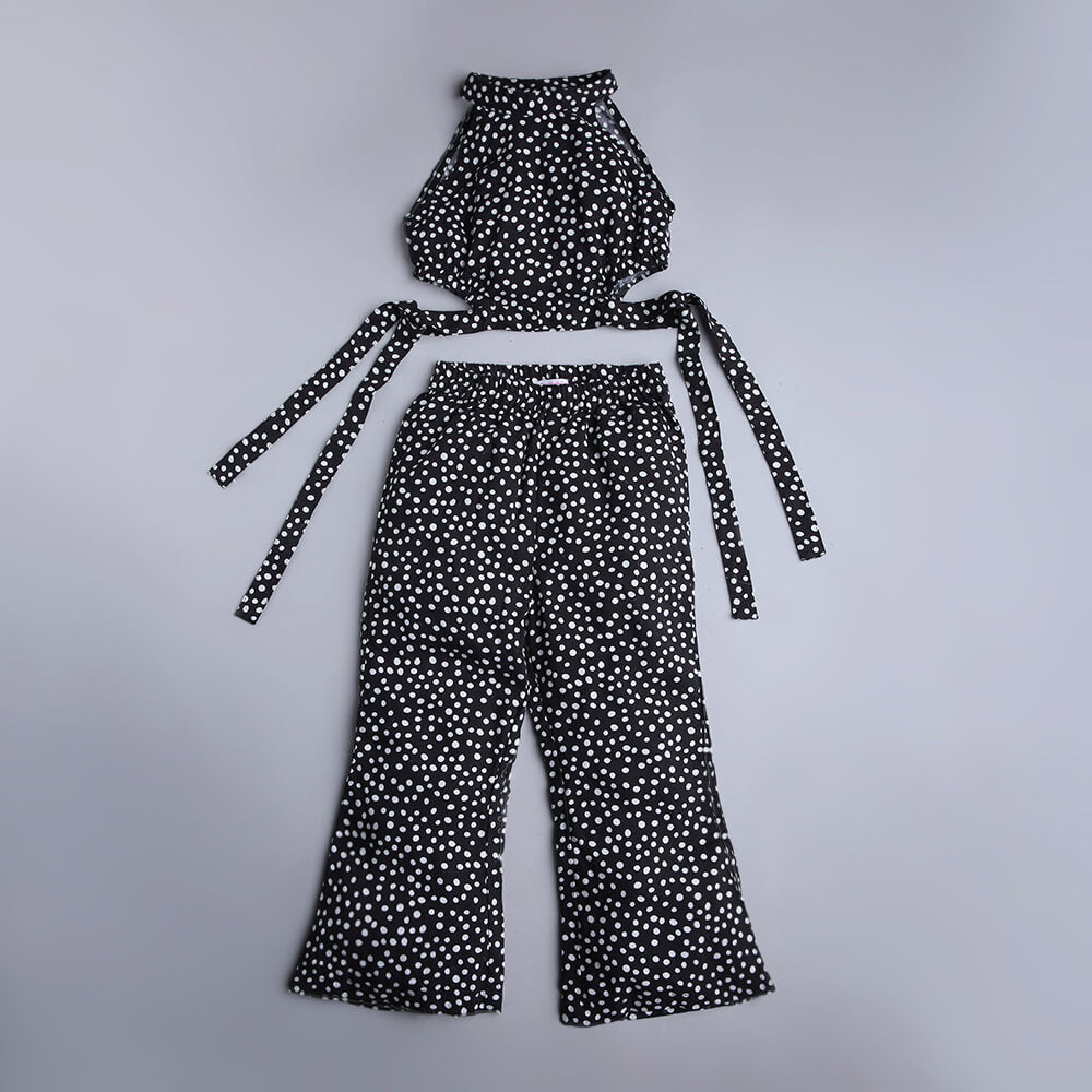 Taffykids polka printed halter neck crop top and bell bottom pant set-Black/White
