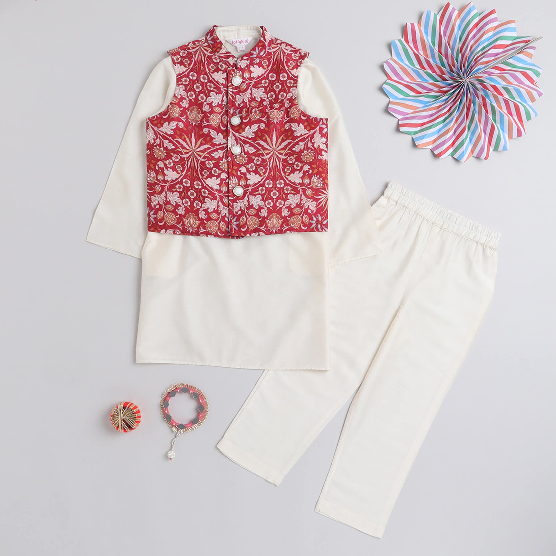 full sleeves kurta pyjama set with floral printed Bandi-Red/White