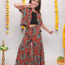 solid crop top with mandala printed ethnic jacket and sharara set-Black/Multi