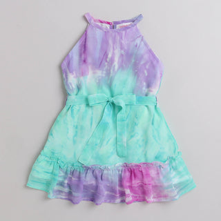 tie-dye printed halter neck Aline dress with tie-up belt- Green/Purple