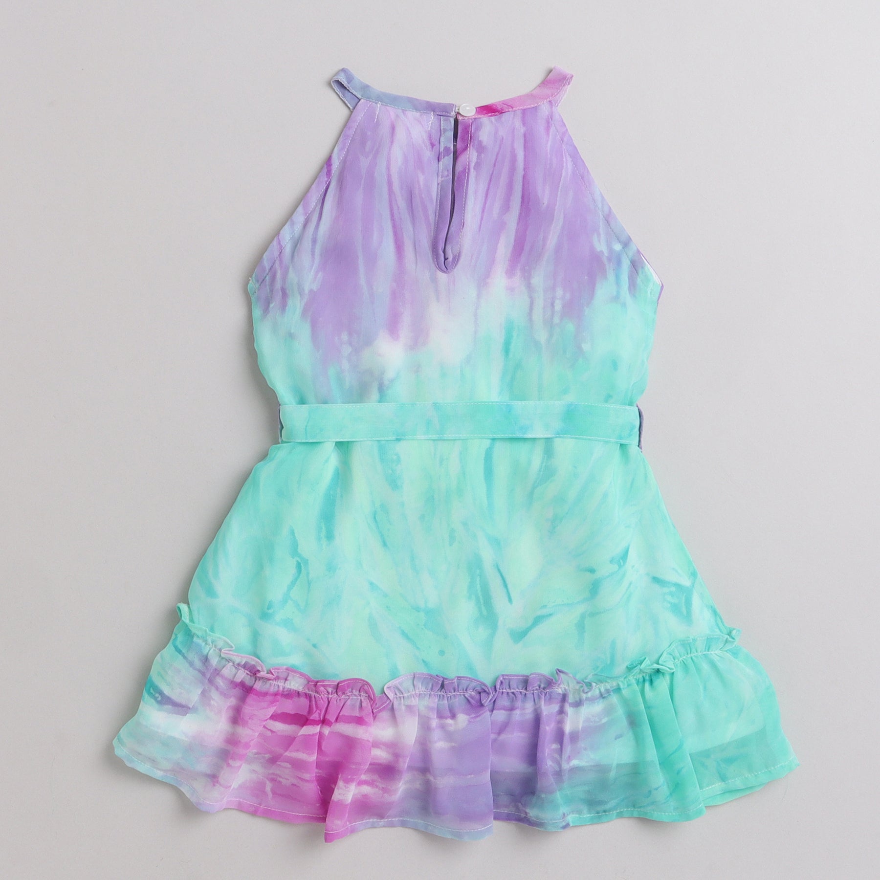tie-dye printed halter neck Aline dress with tie-up belt- Green/Purple