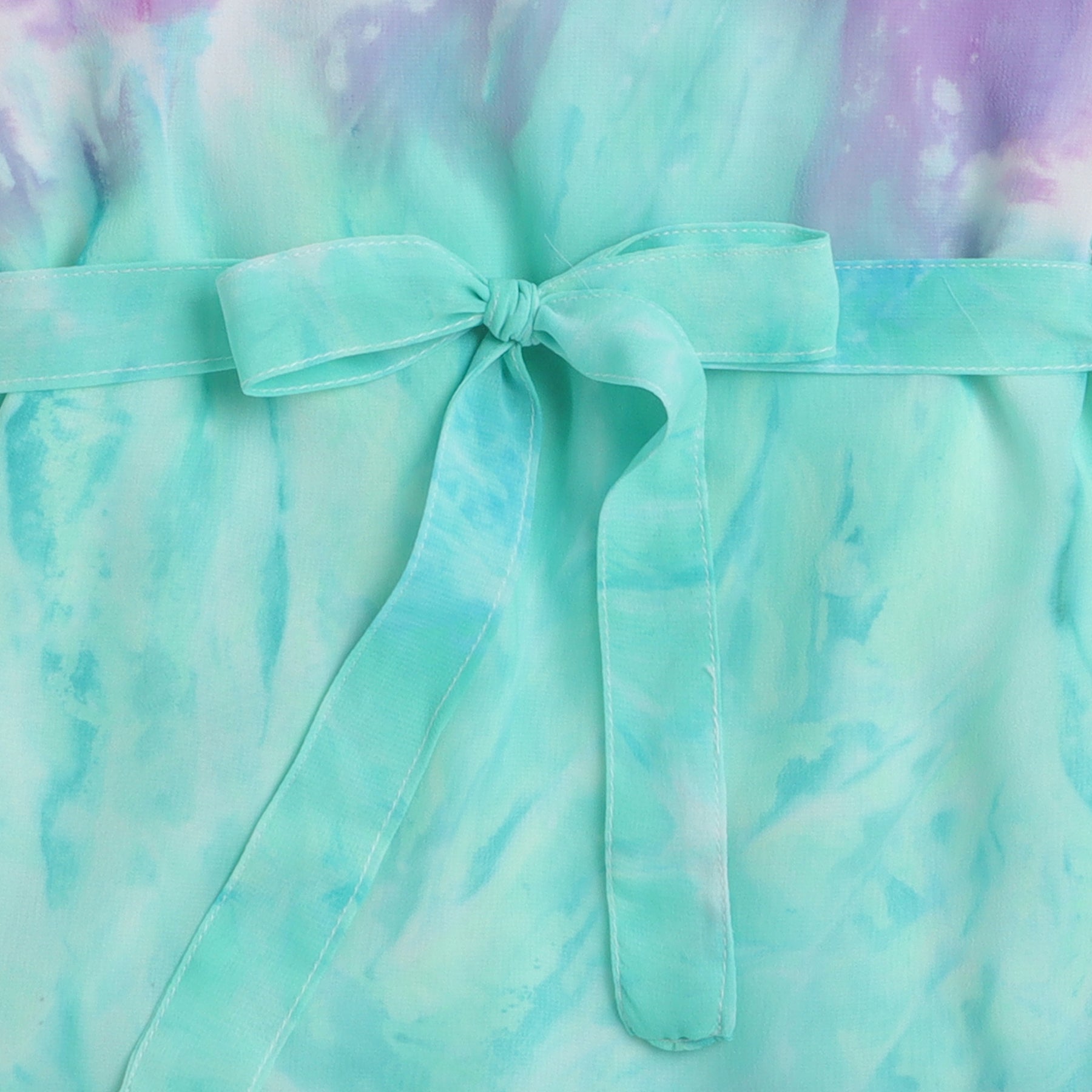 tie-dye printed halter neck Aline dress with tie-up belt- Green/Purple