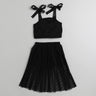 polka dot printed Shoulder tie-up crop top and Skirt set-Black