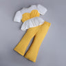 color-block puff sleeves peplum top and bell bottom pant set-Yellow/White