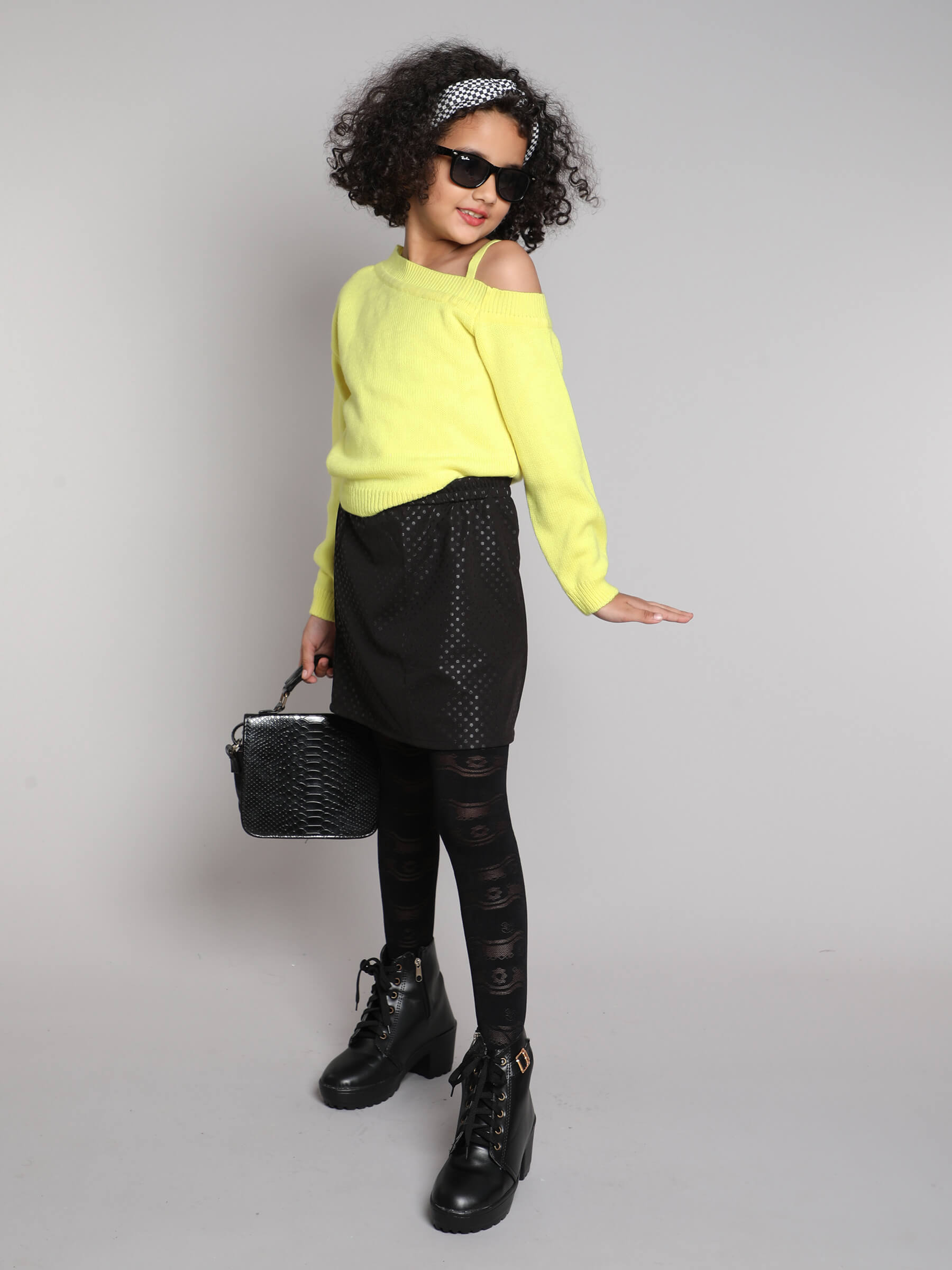 Taffykids Abstract knitted one shoulder full sleeves top-Yellow
