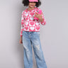 Heart knitted full sleeves round neck sweater-Pink/White