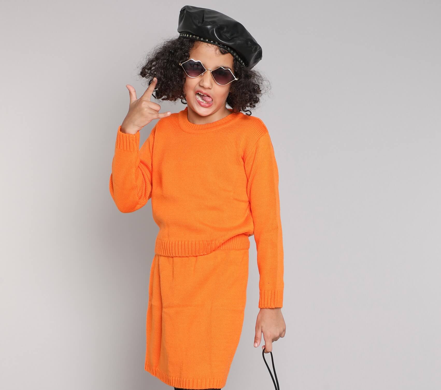 Taffykids full sleeves knitted top and skirt set-Orange