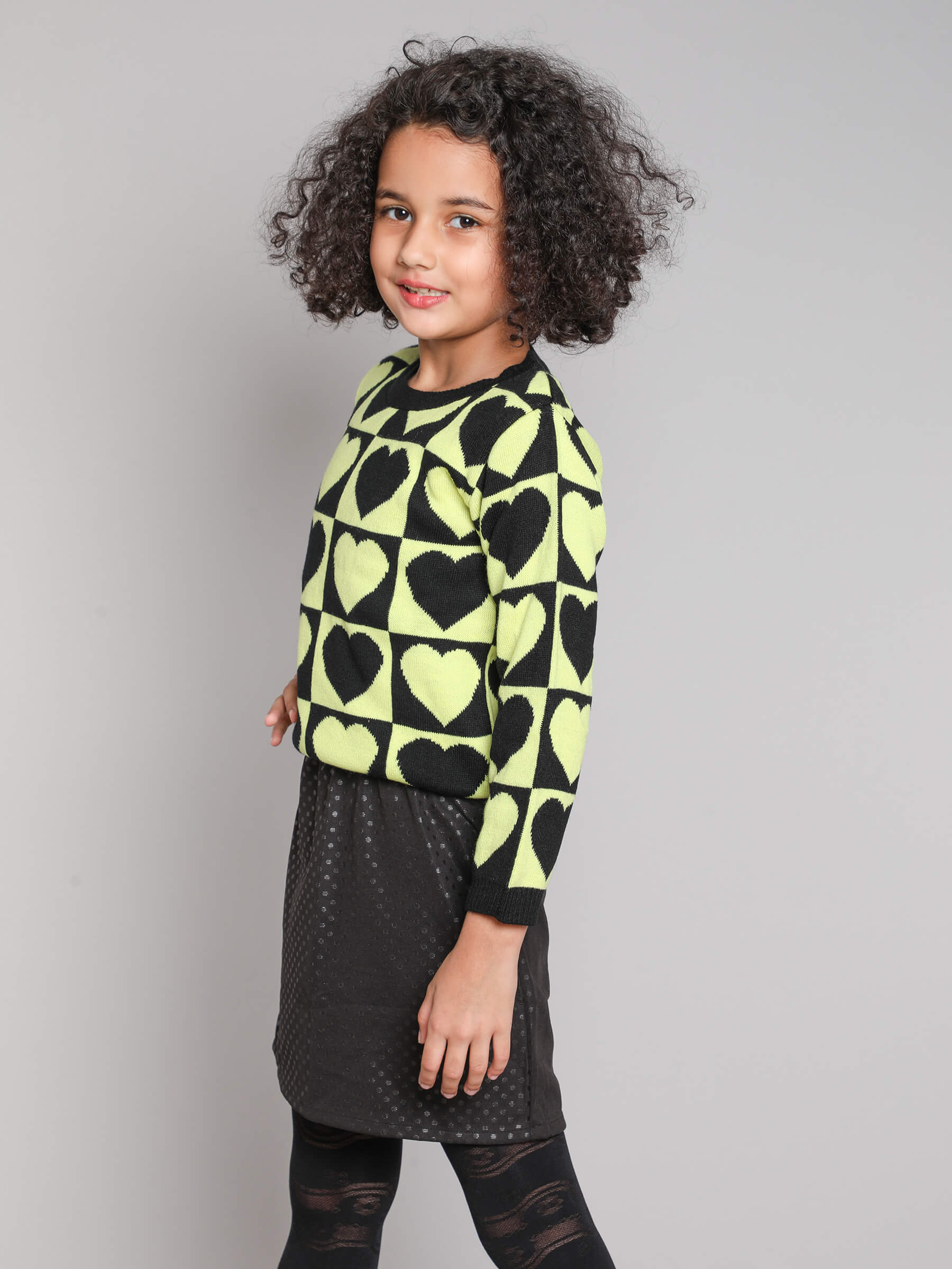 Shop Heart Knitted Full Sleeves Round Neck Sweater-Black/Yellow Online