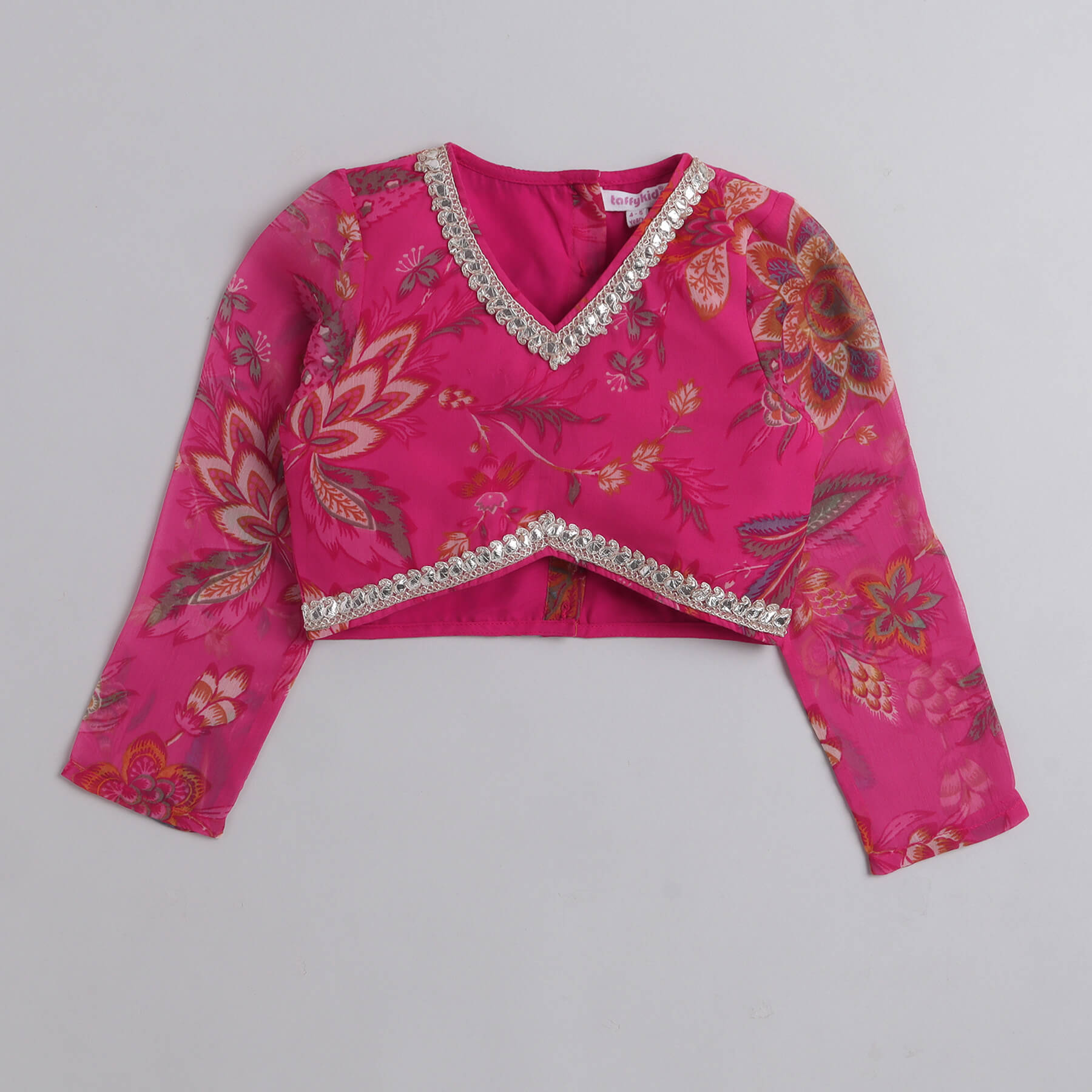 Taffykids floral printed full sleeves ethnic choli and lehenga set with dupatta-Pink