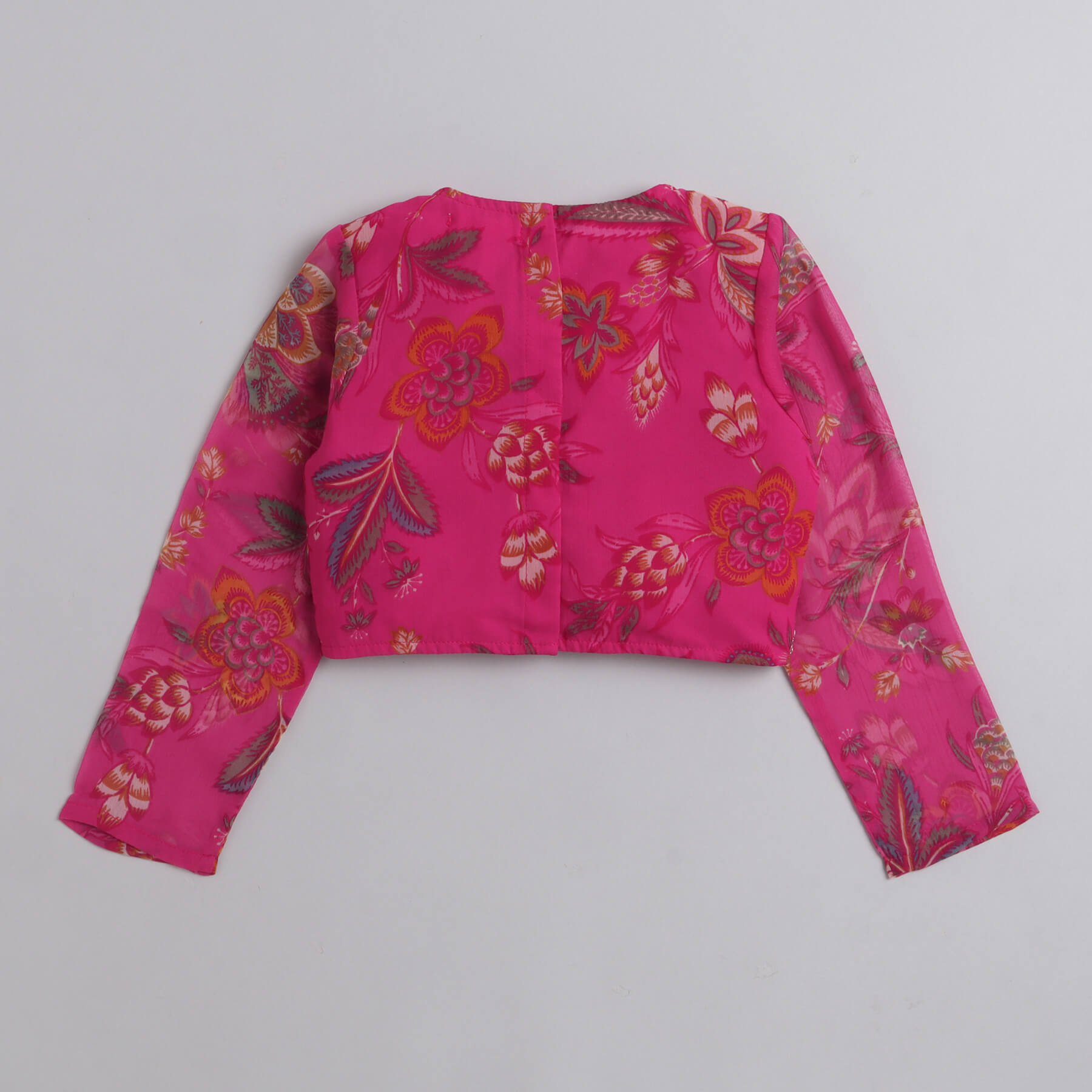 Taffykids floral printed full sleeves ethnic choli and lehenga set with dupatta-Pink