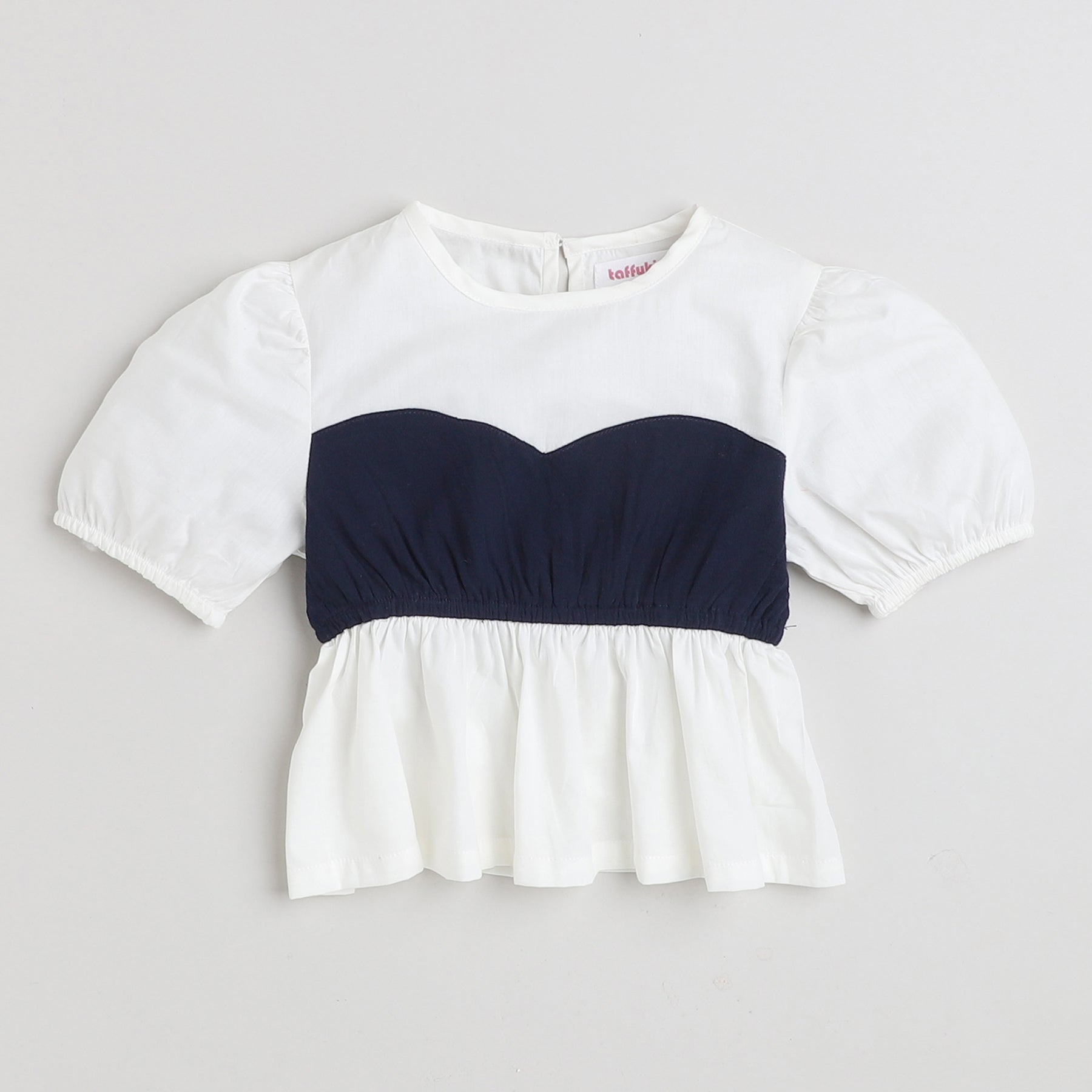 color-block puff sleeves peplum top and bell bottom pant set-Blue/White