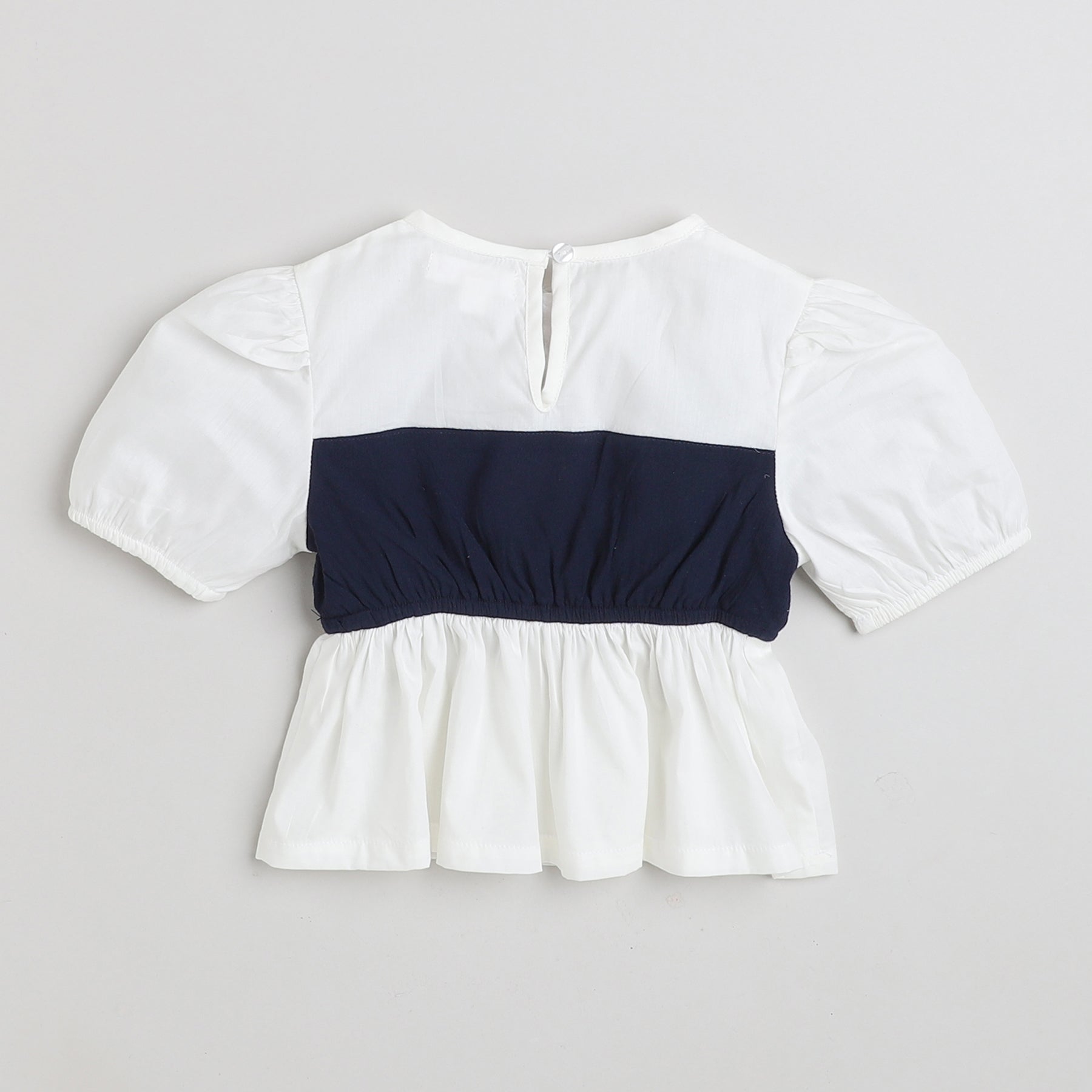 color-block puff sleeves peplum top and bell bottom pant set-Blue/White