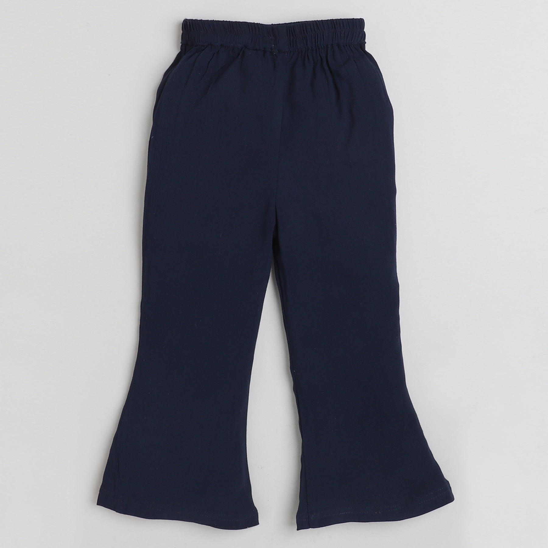color-block puff sleeves peplum top and bell bottom pant set-Blue/White