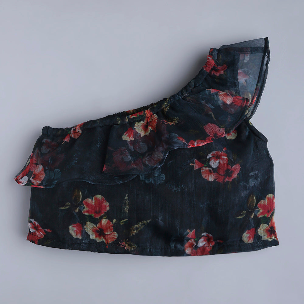 floral printed one shoulder ruffle Aline top-Black