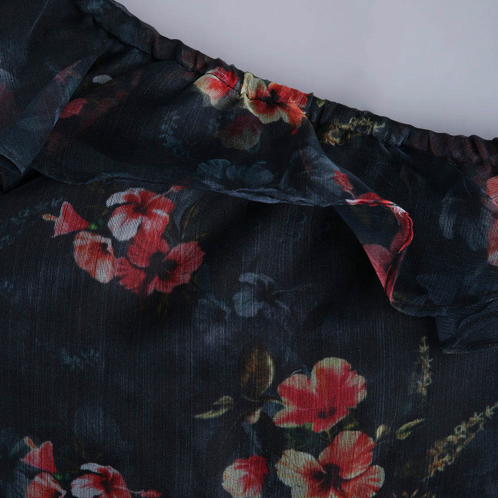 floral printed one shoulder ruffle Aline top-Black
