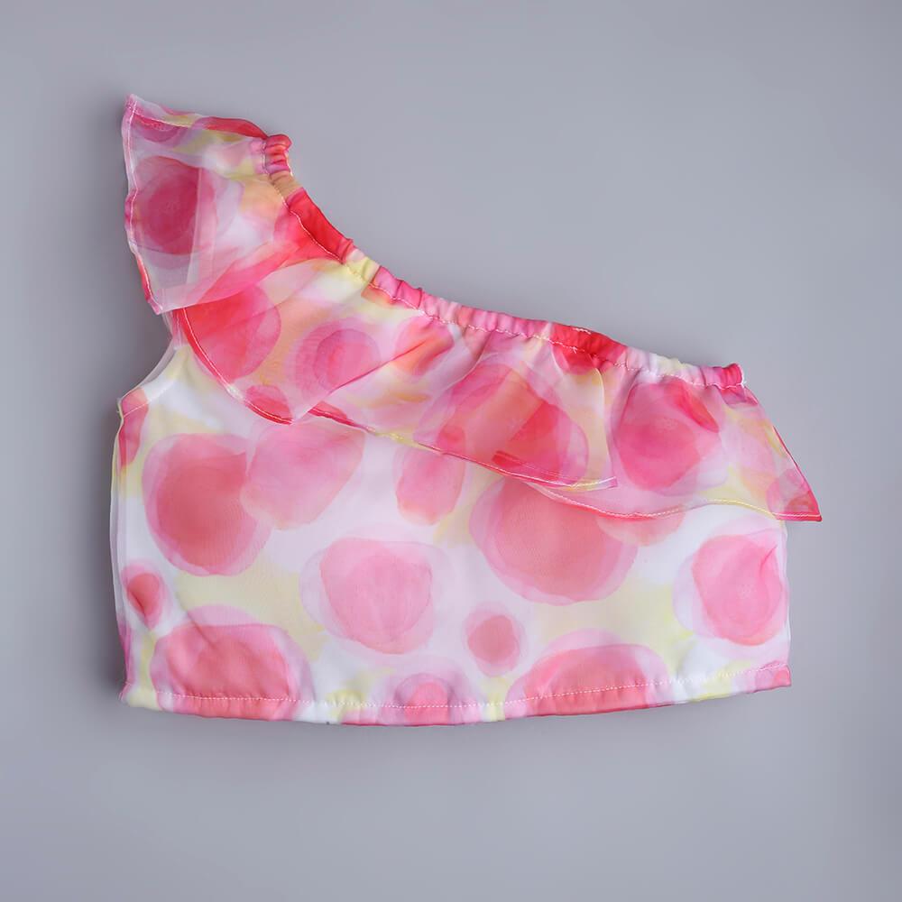 Taffykids abstract printed one shoulder ruffle Aline top- Pink/White