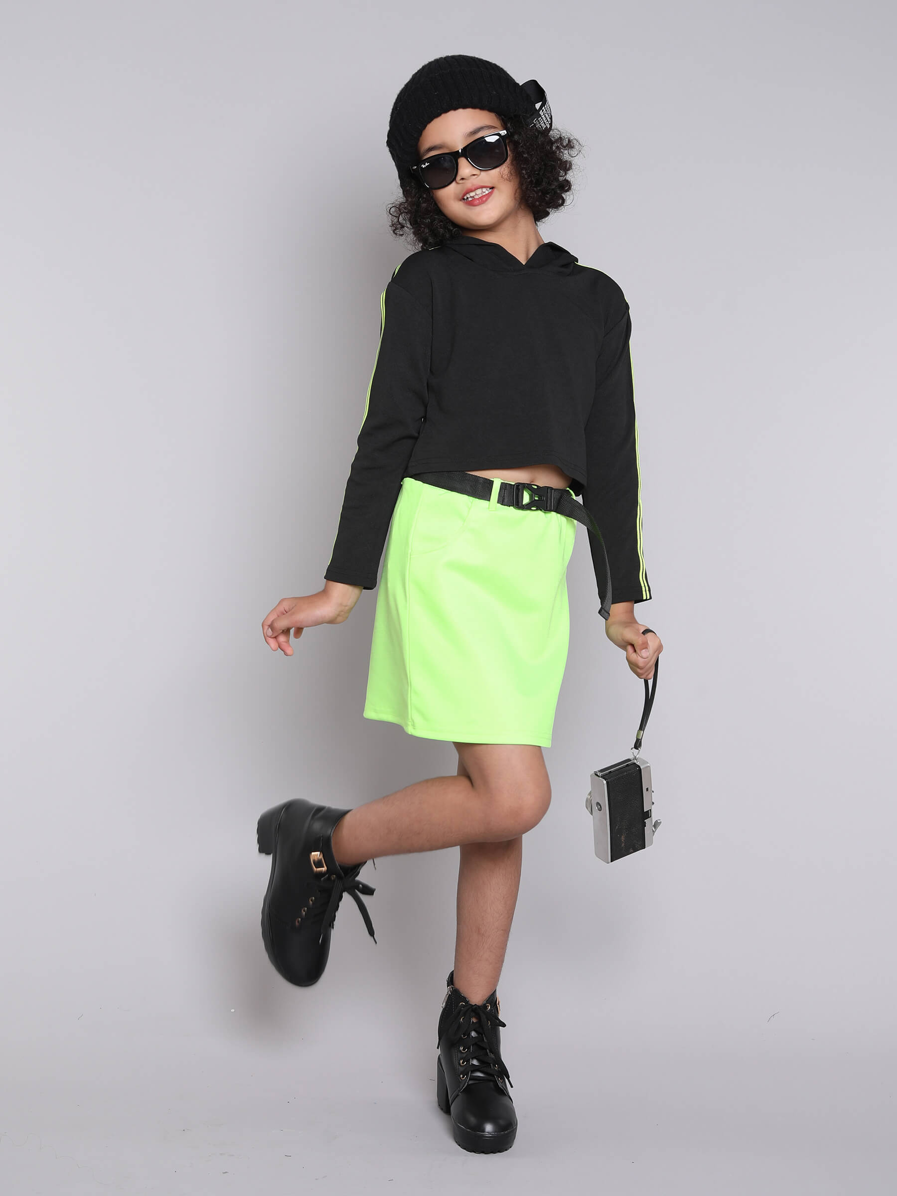 Full sleeves crop hoodie and Belt detail skirt set-Black/Neon Green