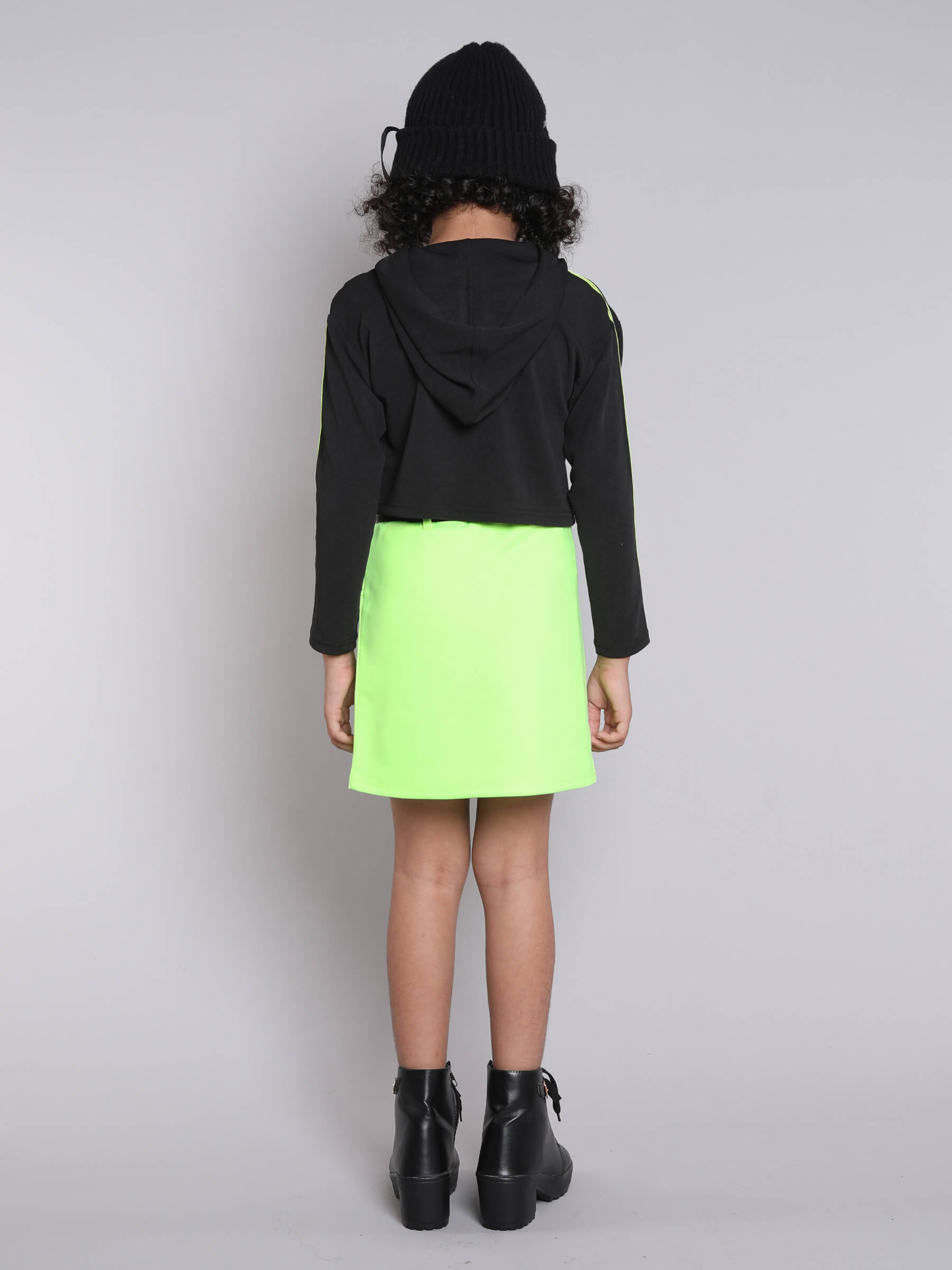 Shop Full Sleeves Crop Hoodie And Belt Detail Skirt Set-Black/Neon Green Online