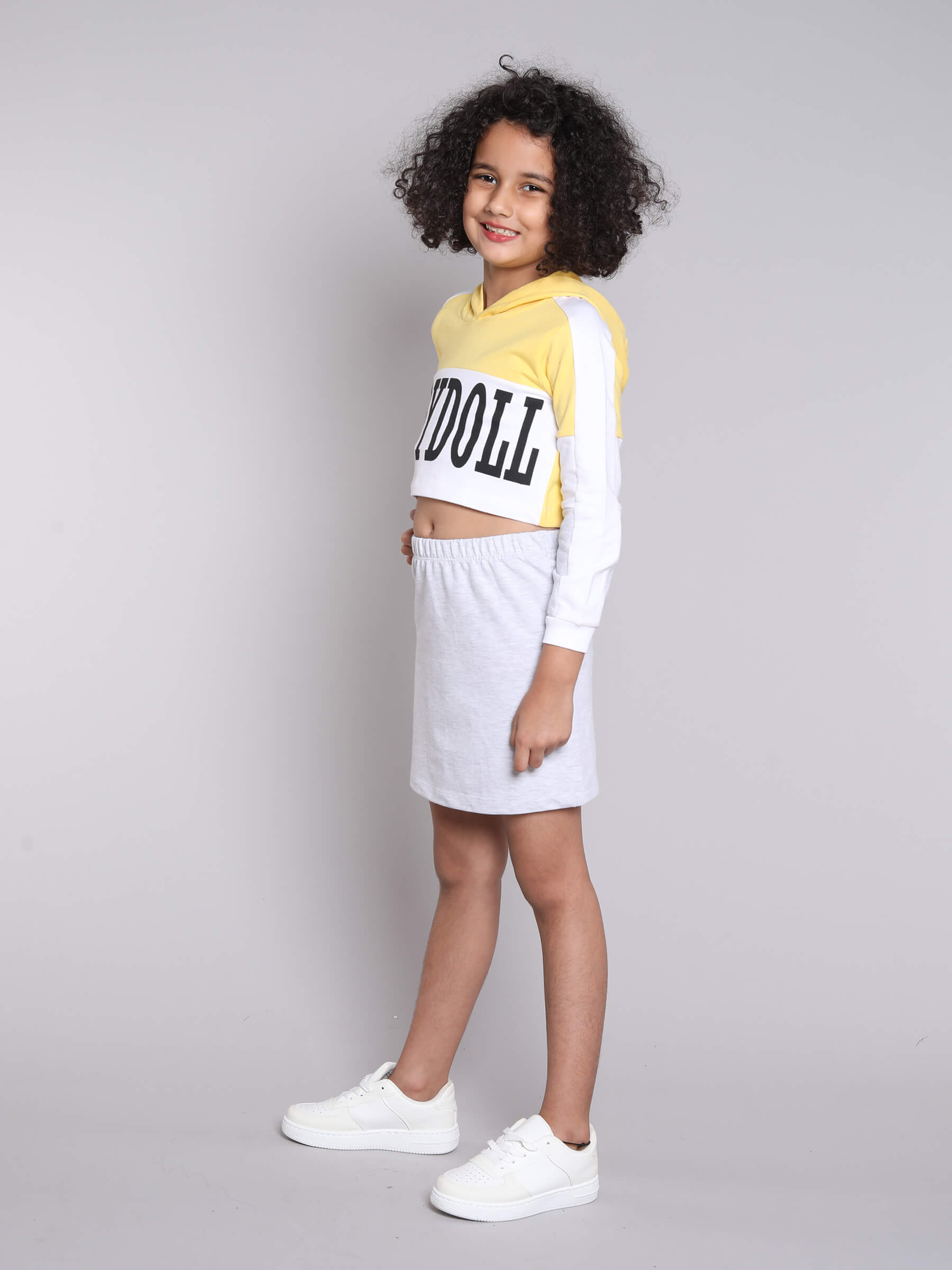 Shop 100% Cotton Text Printed Color Block Hoodie And Skirt Set-Yellow/Grey Online