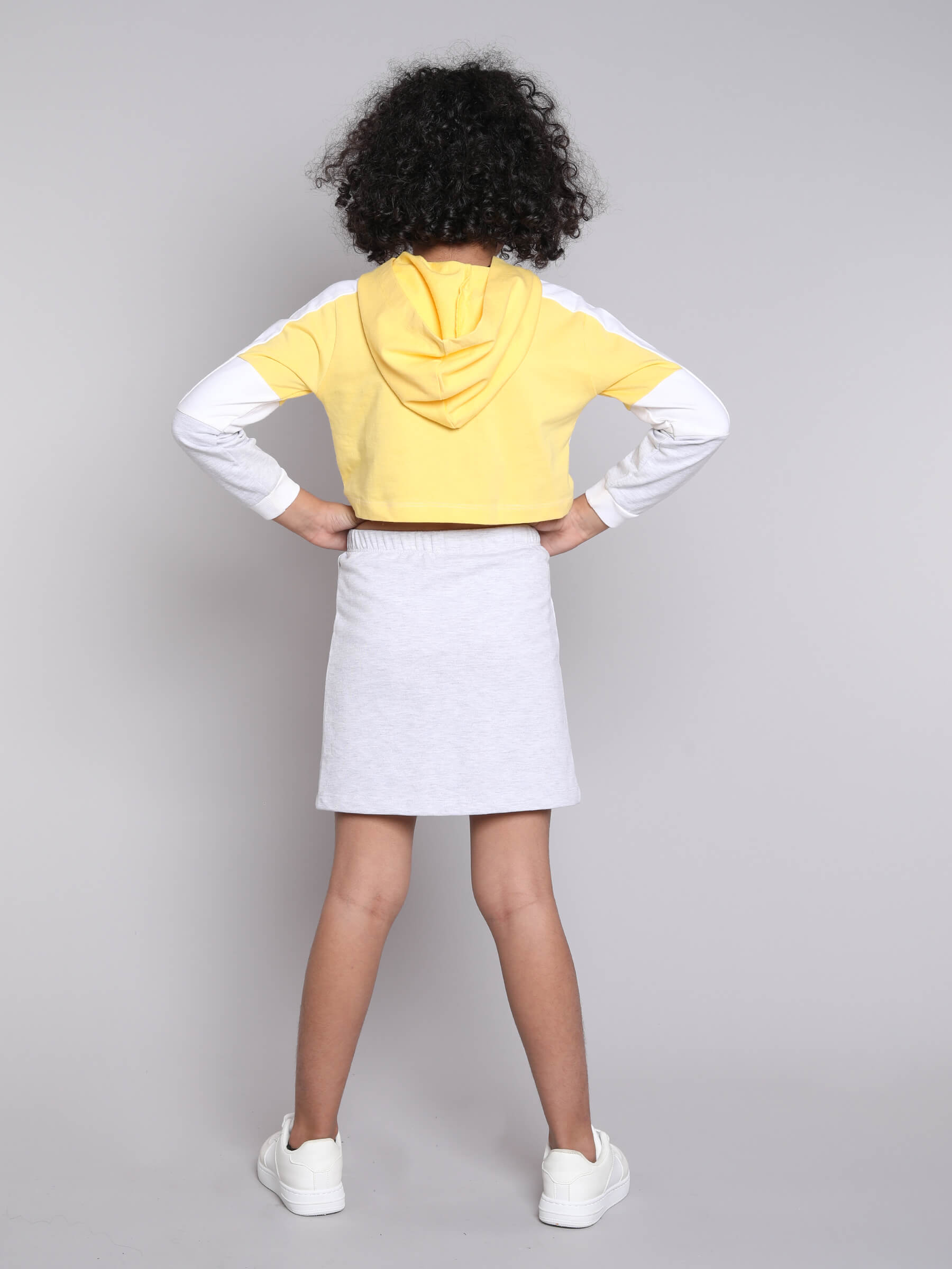 Shop 100% Cotton Text Printed Color Block Hoodie And Skirt Set-Yellow/Grey Online
