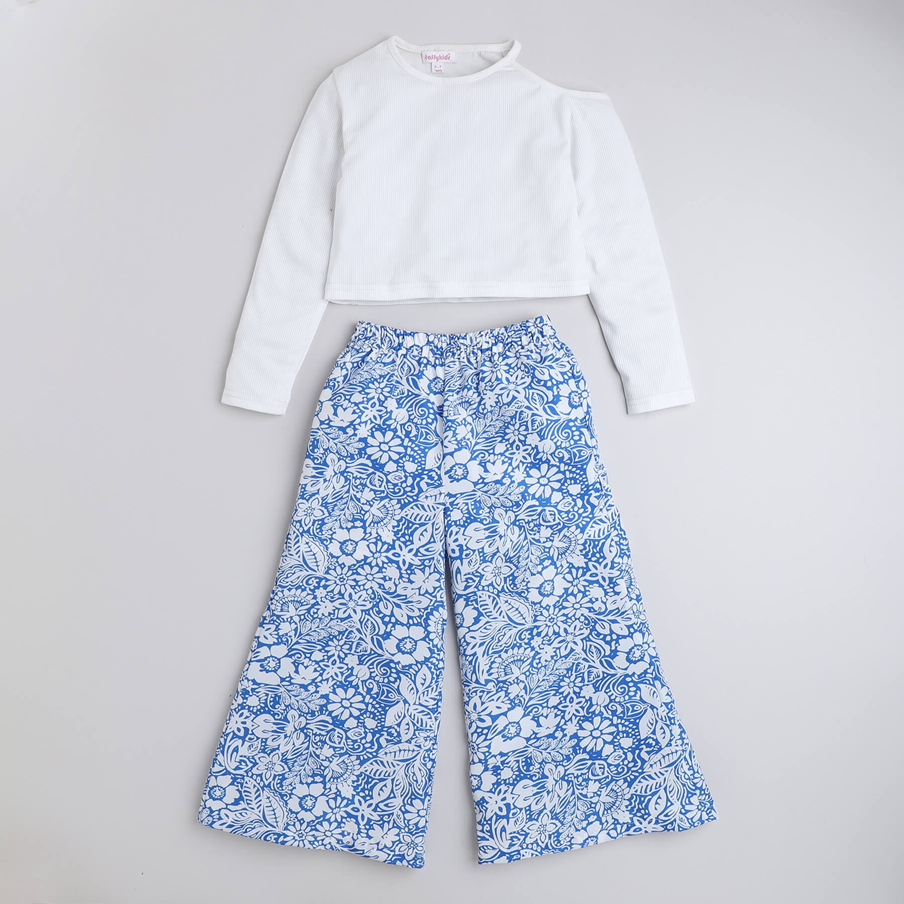 Taffykids Solid Full sleeves cut out detail top and Floral printed pant set-White/Blue