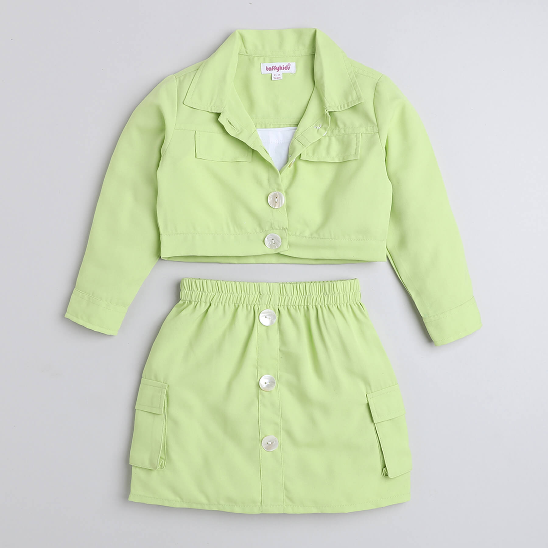 Shop Solid Singlet Crop Top With Full Sleeves Jacket And Skirt Set-Lime Green Online