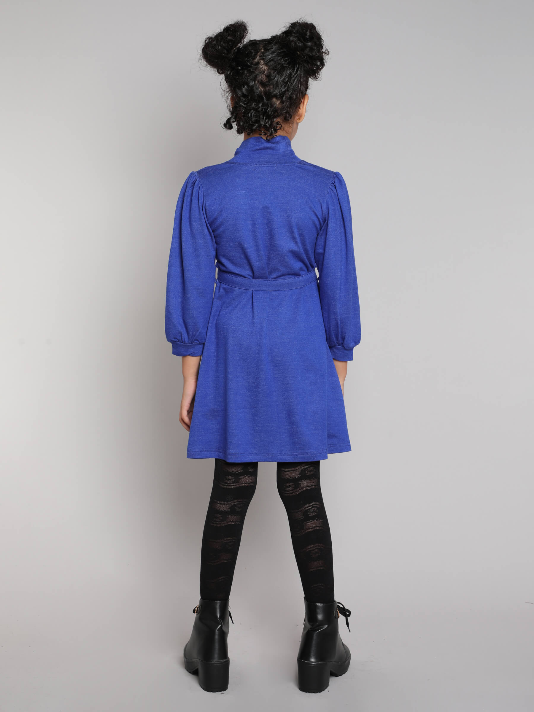 Shop High Neck Full Sleeves A-Line Dress With Belt-Royal Blue Online