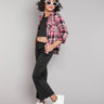 solid  crop top and bell bottom pant set with checked shirt-Black/Pink