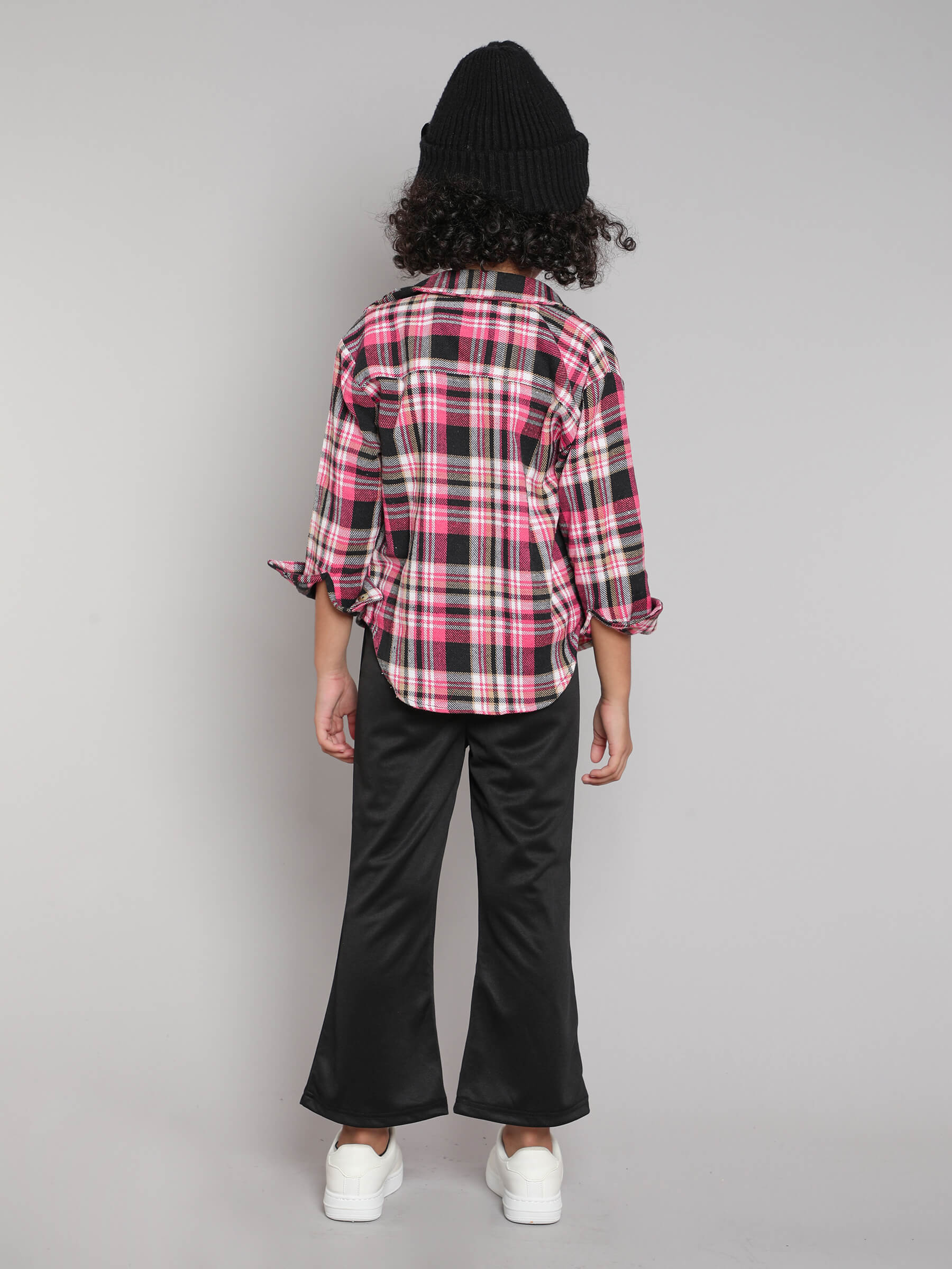 Taffykids solid  crop top and bell bottom pant set with checked shirt-Black/Pink