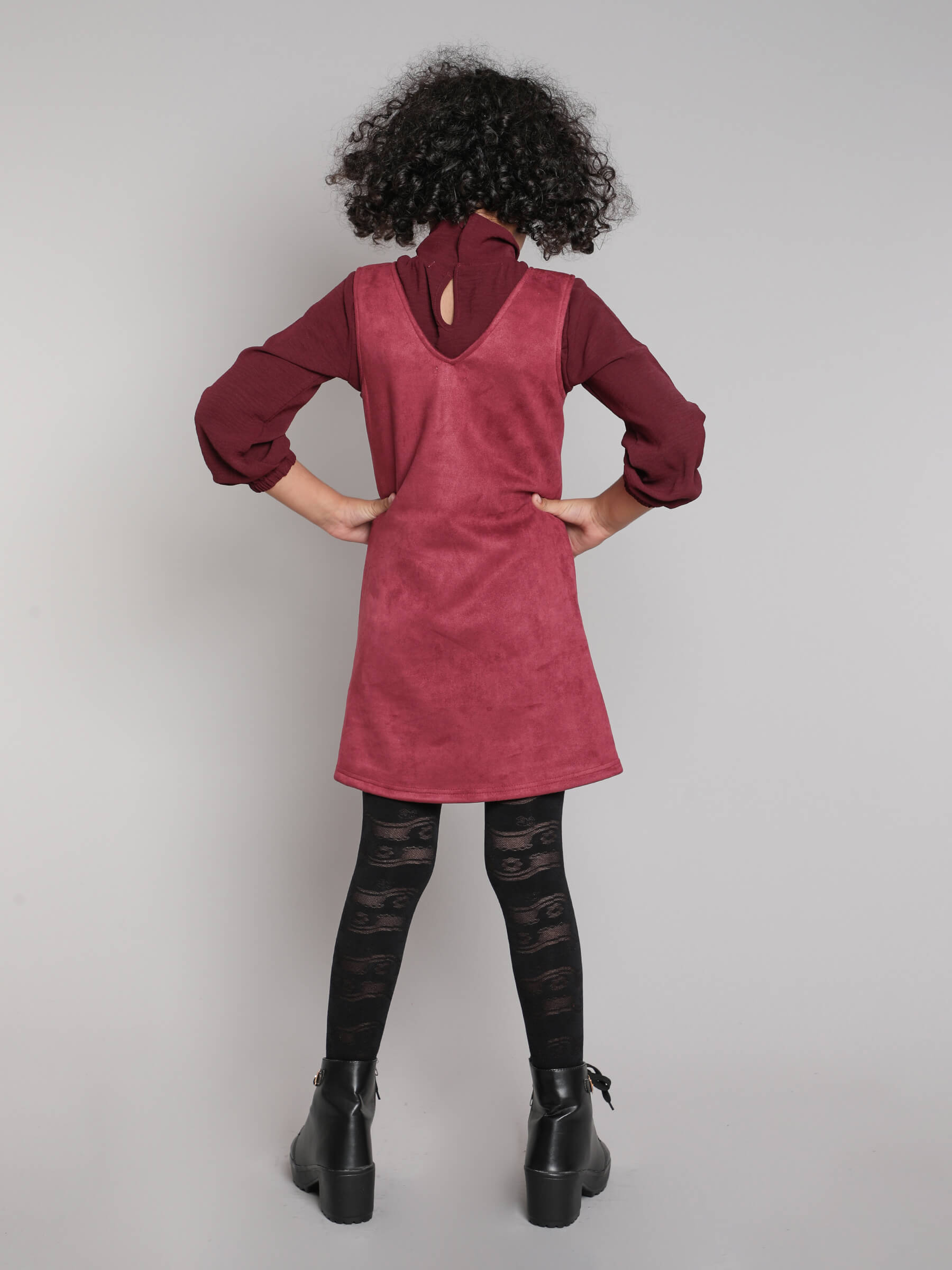 Taffykids high neck lantern sleeves top and pocket detailed Aline suede dress set-Wine