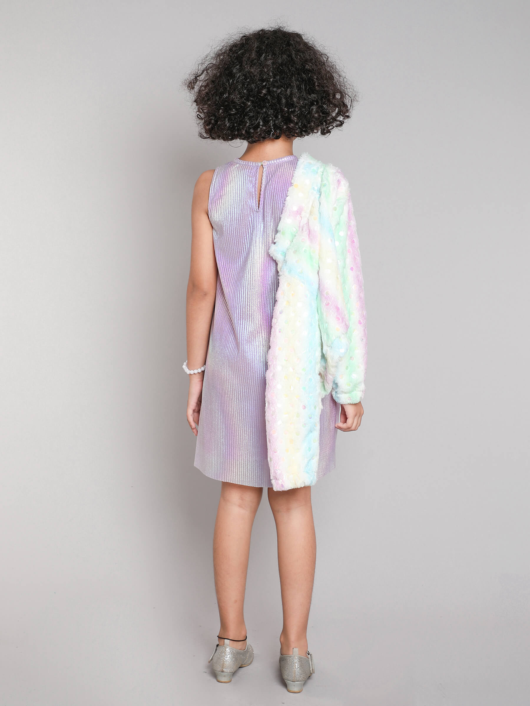 Shop Holographic Aline Dress And Polka Dots Printed Crop Fur Jacket-Lilac/White Online