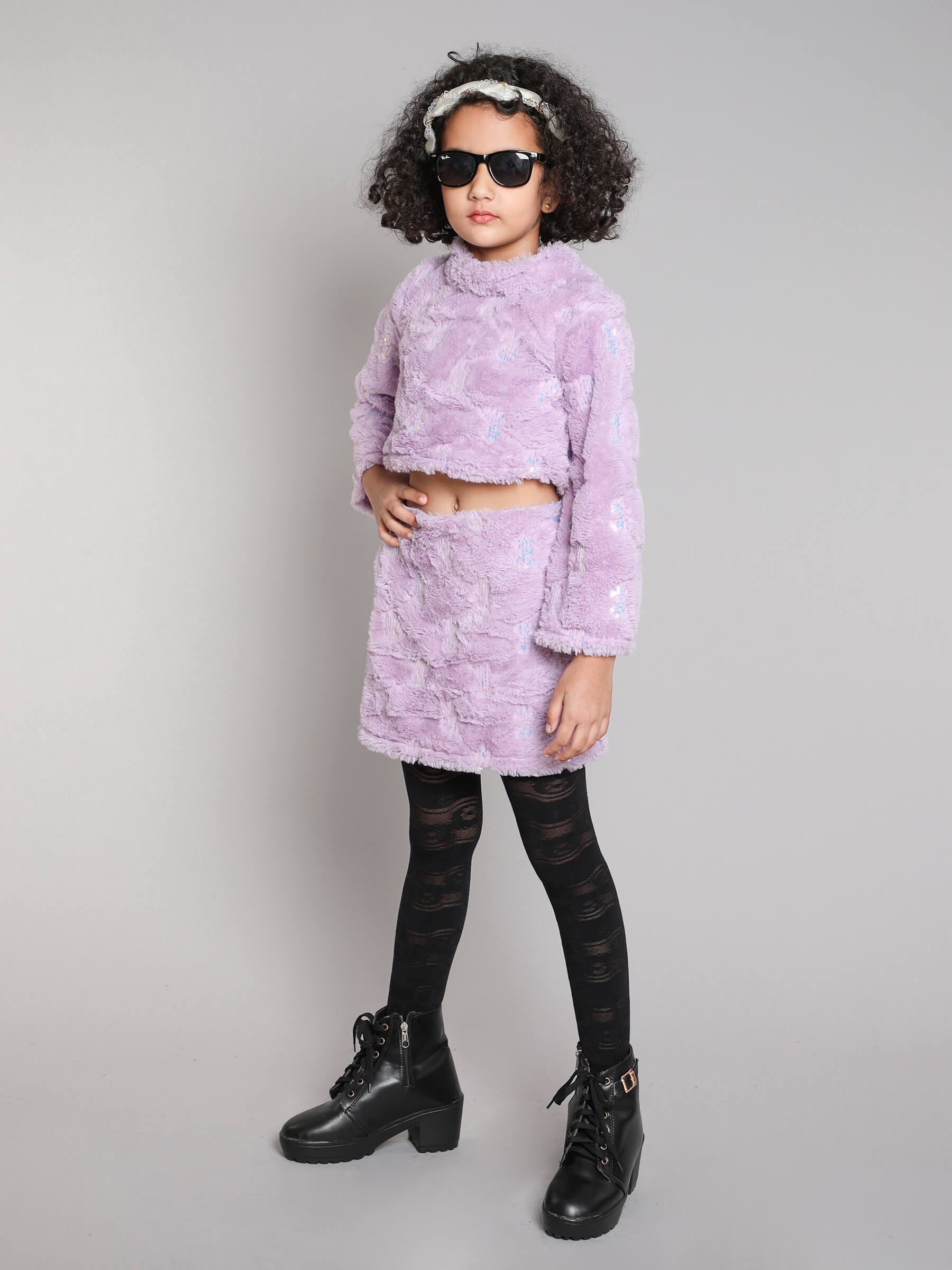Taffykids sequins Embellished high neck bell sleeves crop top and skirt set-lilac