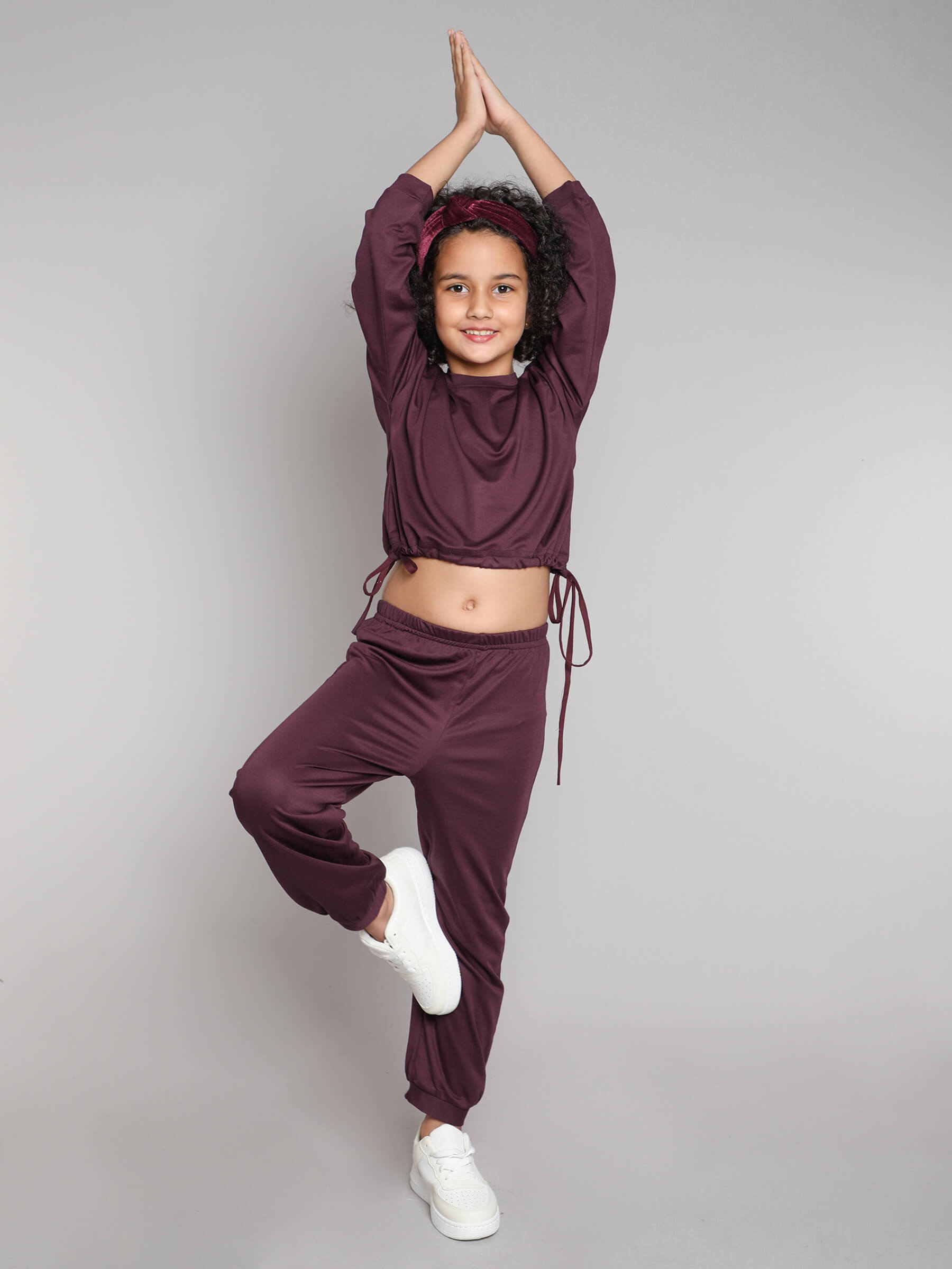 Taffy full sleeves waist tie-up crop top and joggers pant set-Wine