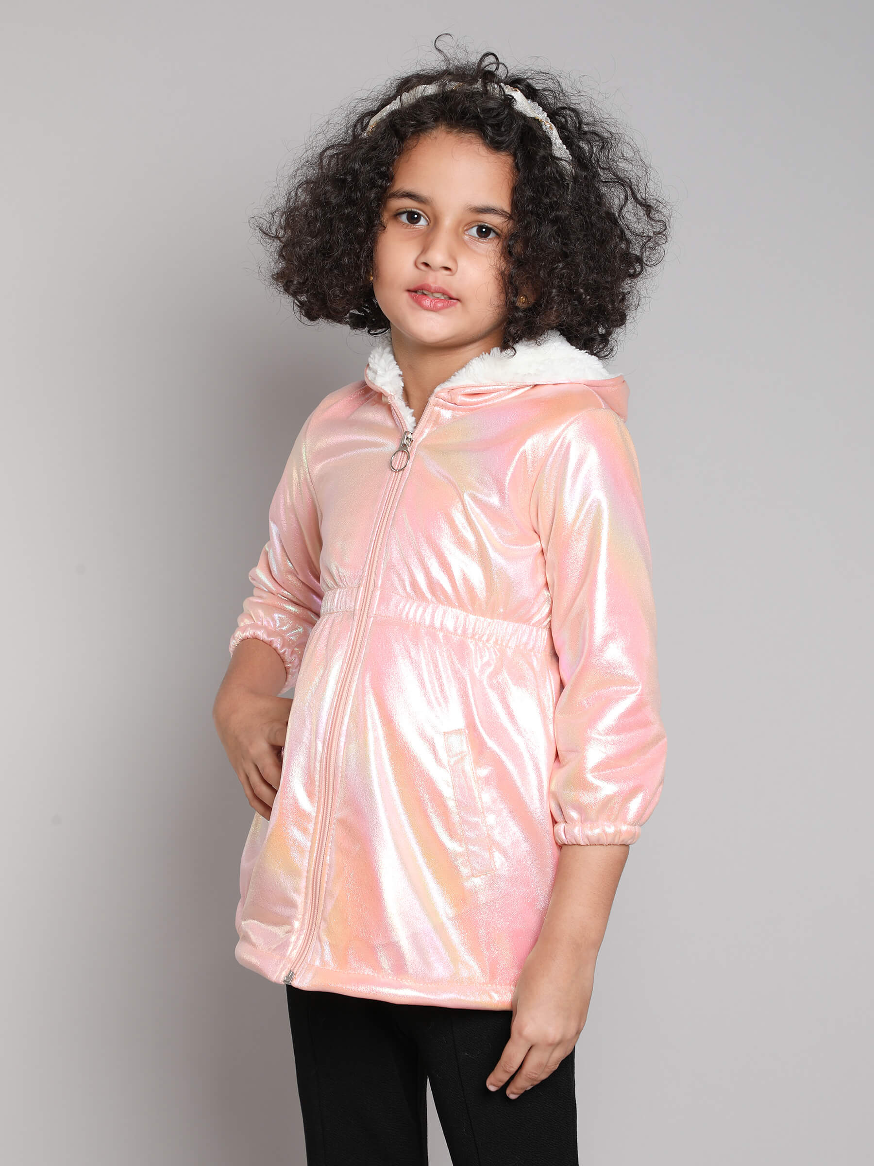 Taffykids Holographic full sleeves Hooded Coat-Peach