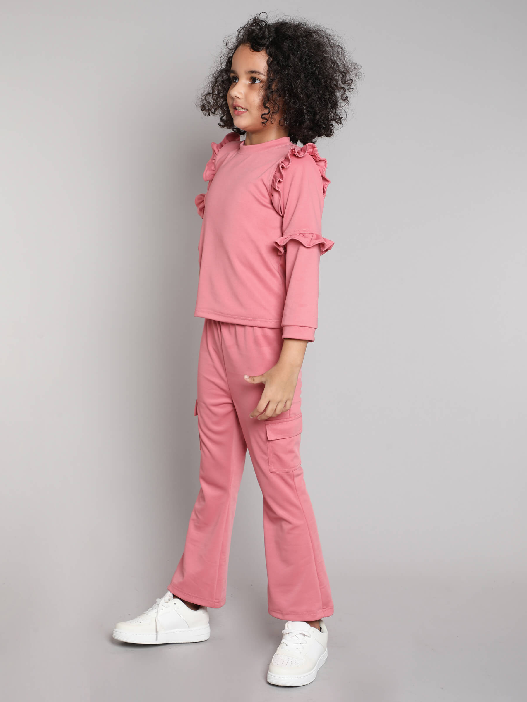 Shop Frill Detailed Full Sleeves Top And Flared Cargo Pant Set-Pink Online