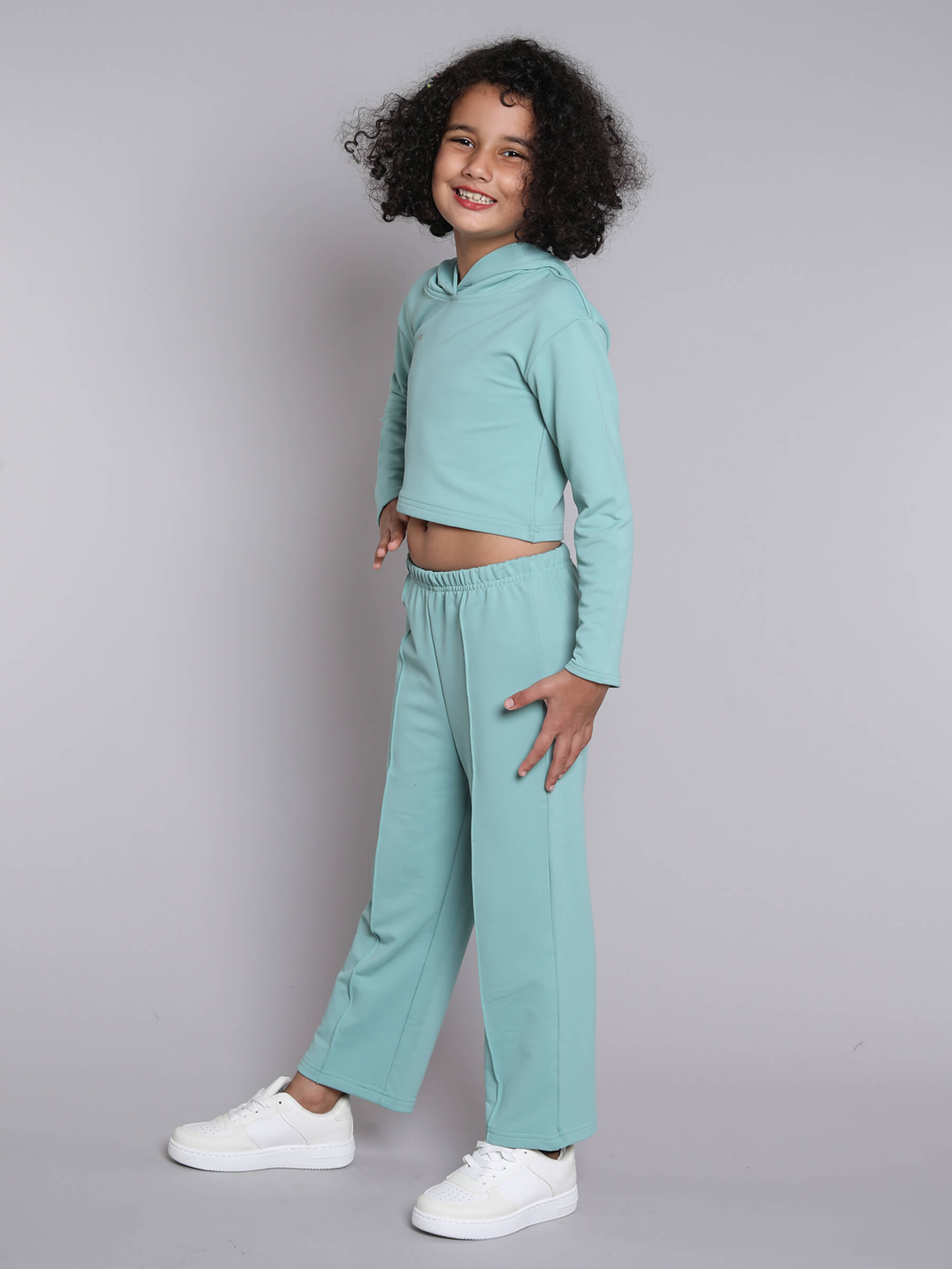 Taffykids full sleeves hoodie and front seam pant set-Sea Green