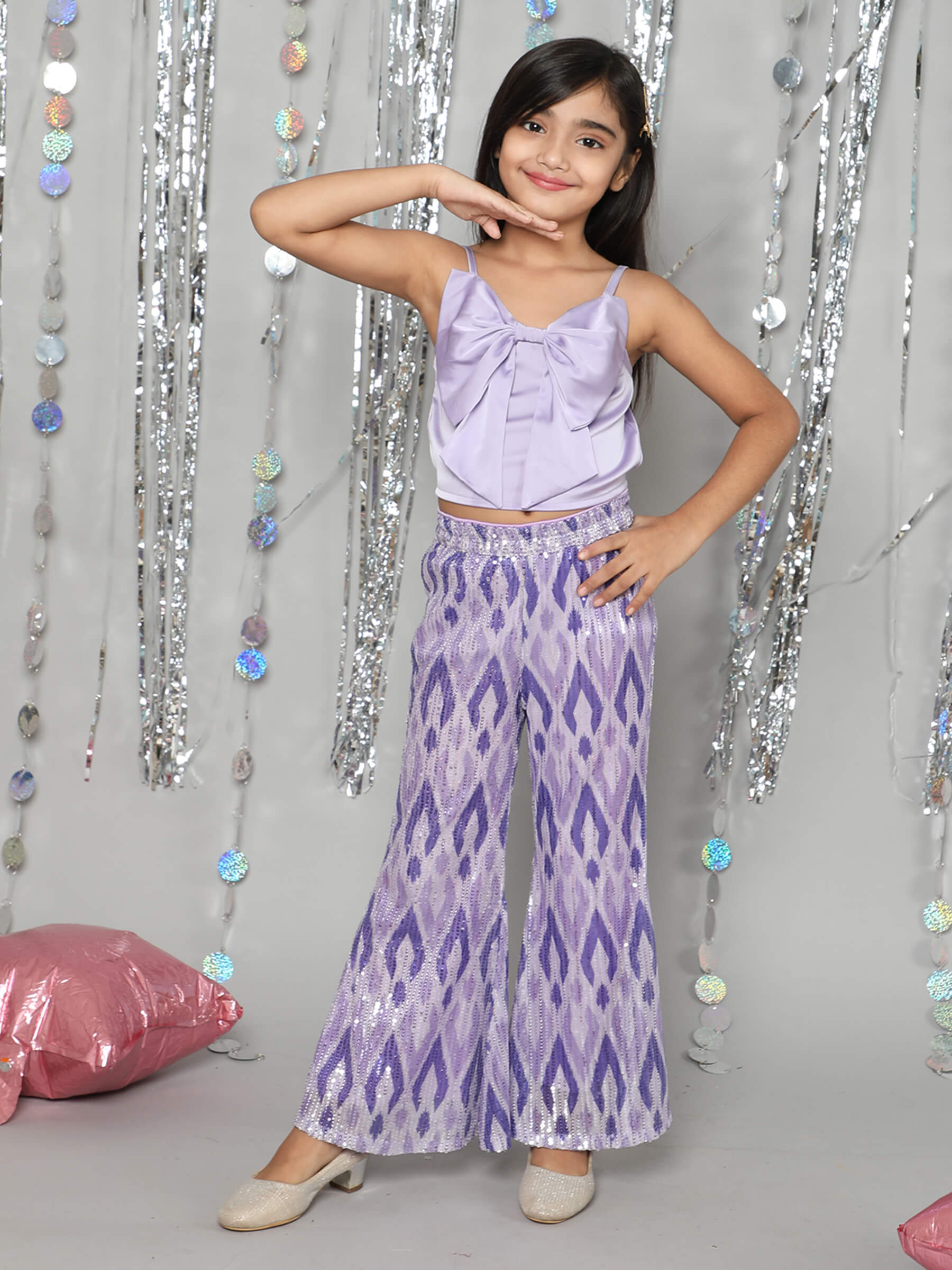 Taffykids singlet bow detail crop top and sequin embellished printed pant set-Purple