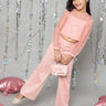 lurex embellished crop top and pant set with full sleeves net top -Peach