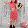 glittered high neck party crop top and rushed skirt set-Red