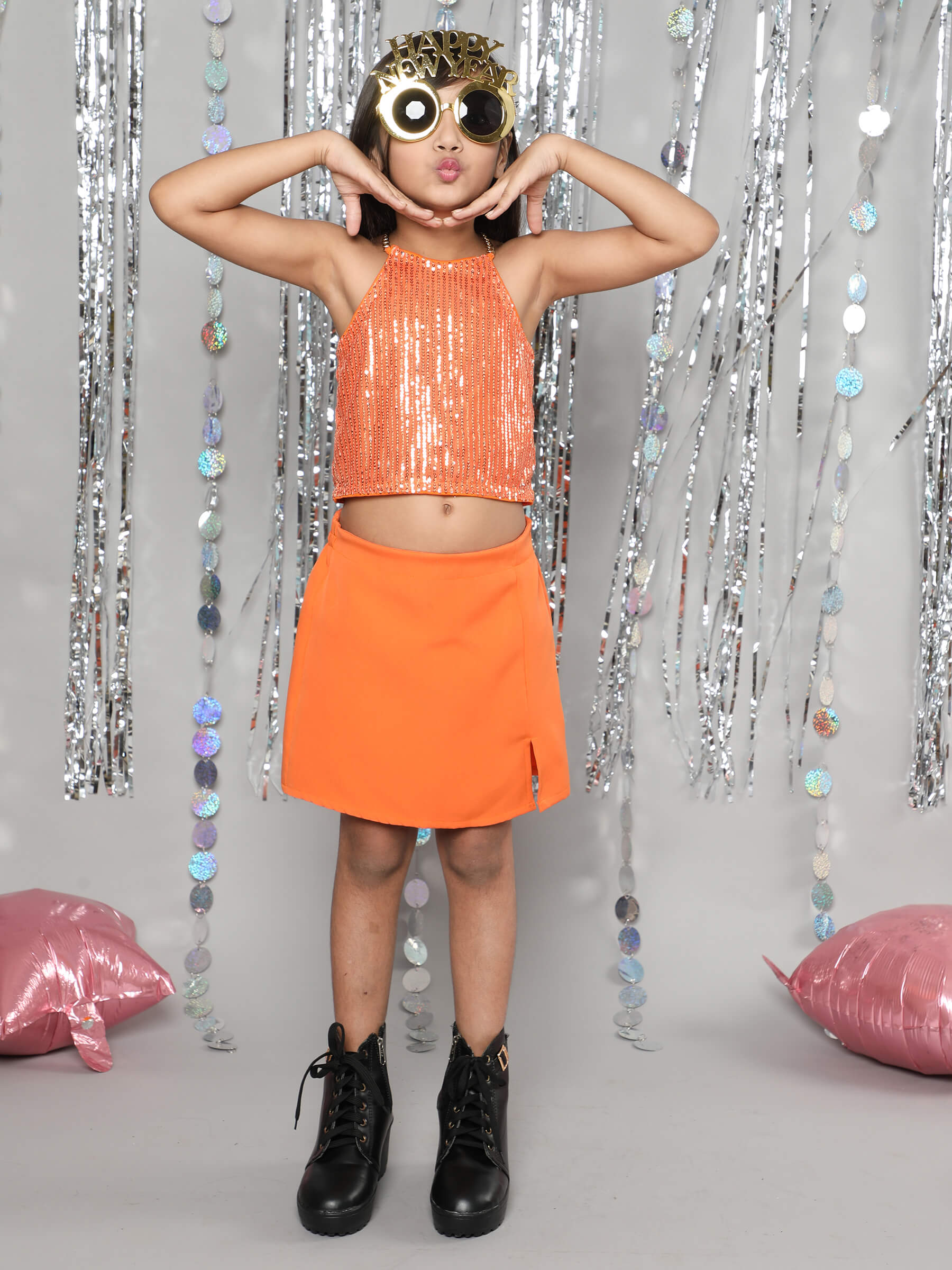 Taffykids Sequins embellished Party crop top and solid skirt set-Orange