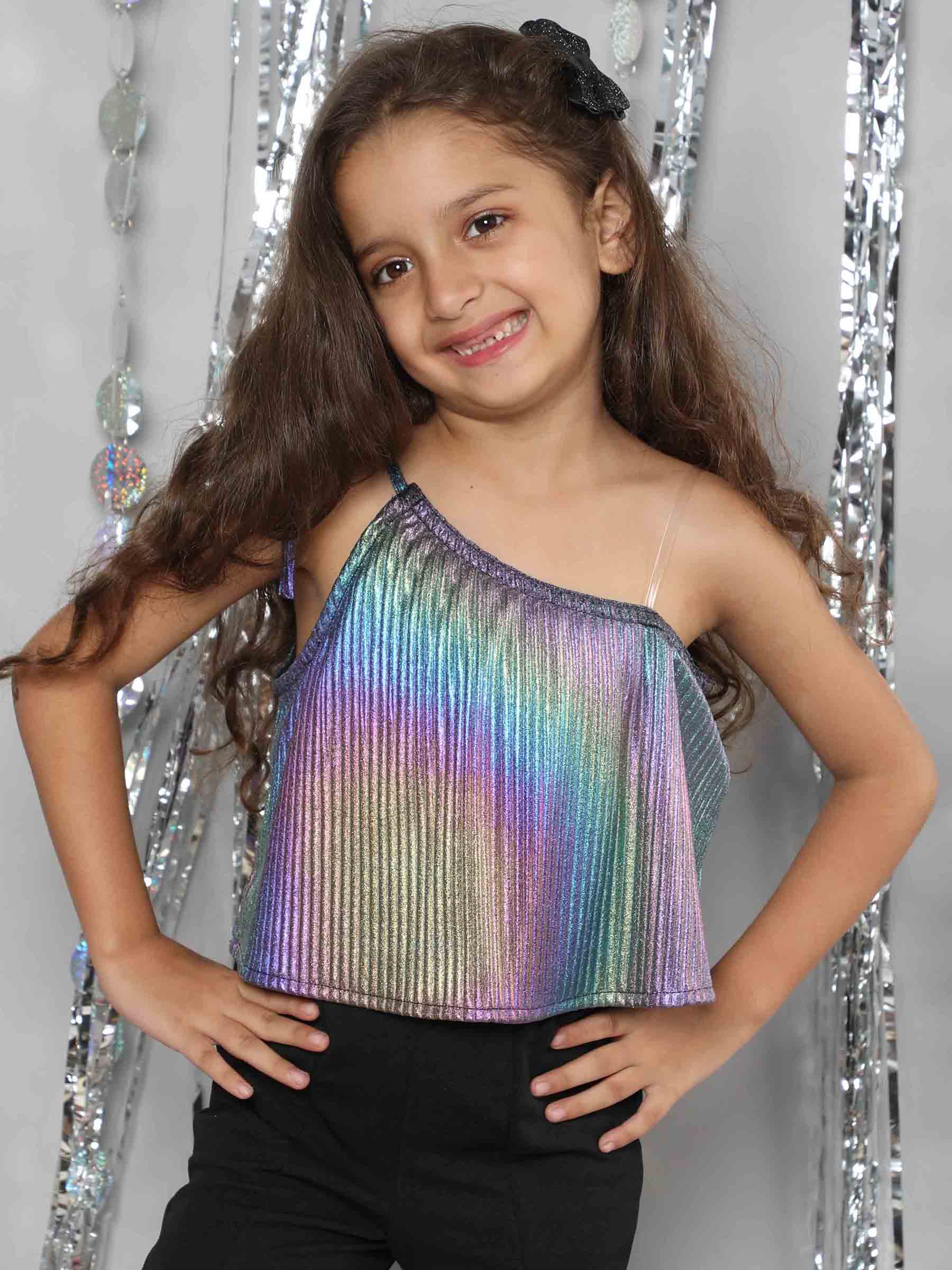Taffykids holographic pleated asymmetric party crop top-Multi