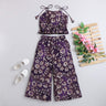 foil and floral printed shoulder tie up ethnic peplum crop top and palazo pant set-Purple/Gold