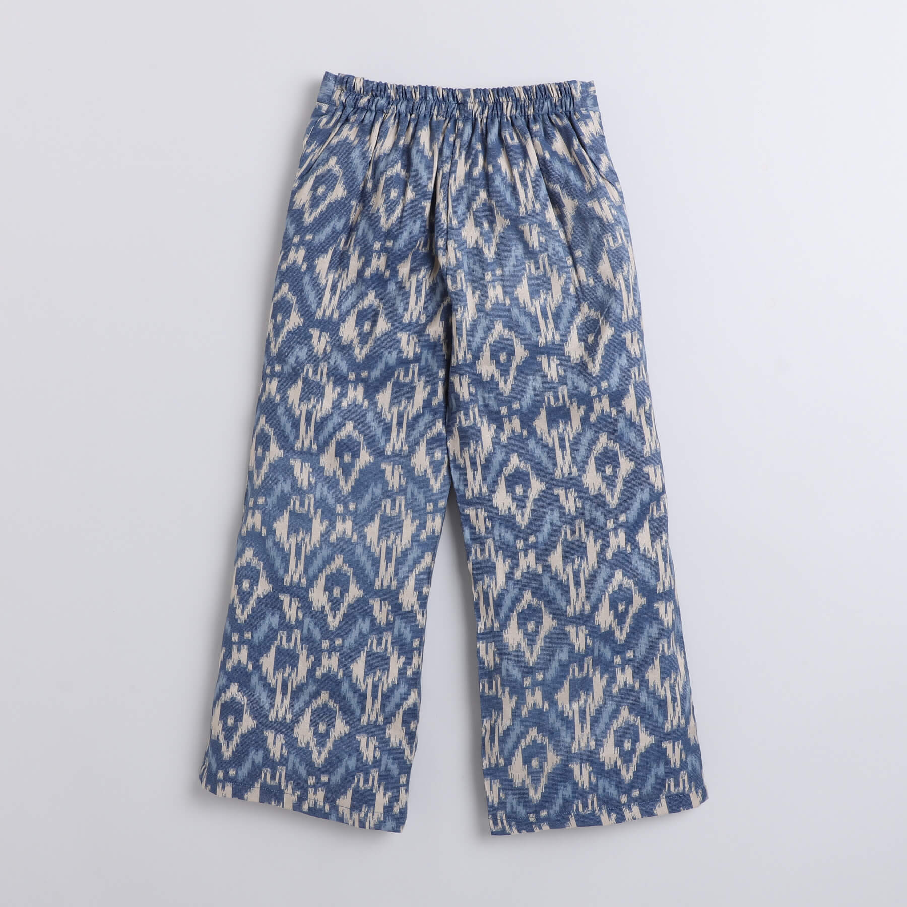 Taffykids 100% cotton ikkat weave full sleeves ethnic blazer with pant and inner set-Blue/Cream
