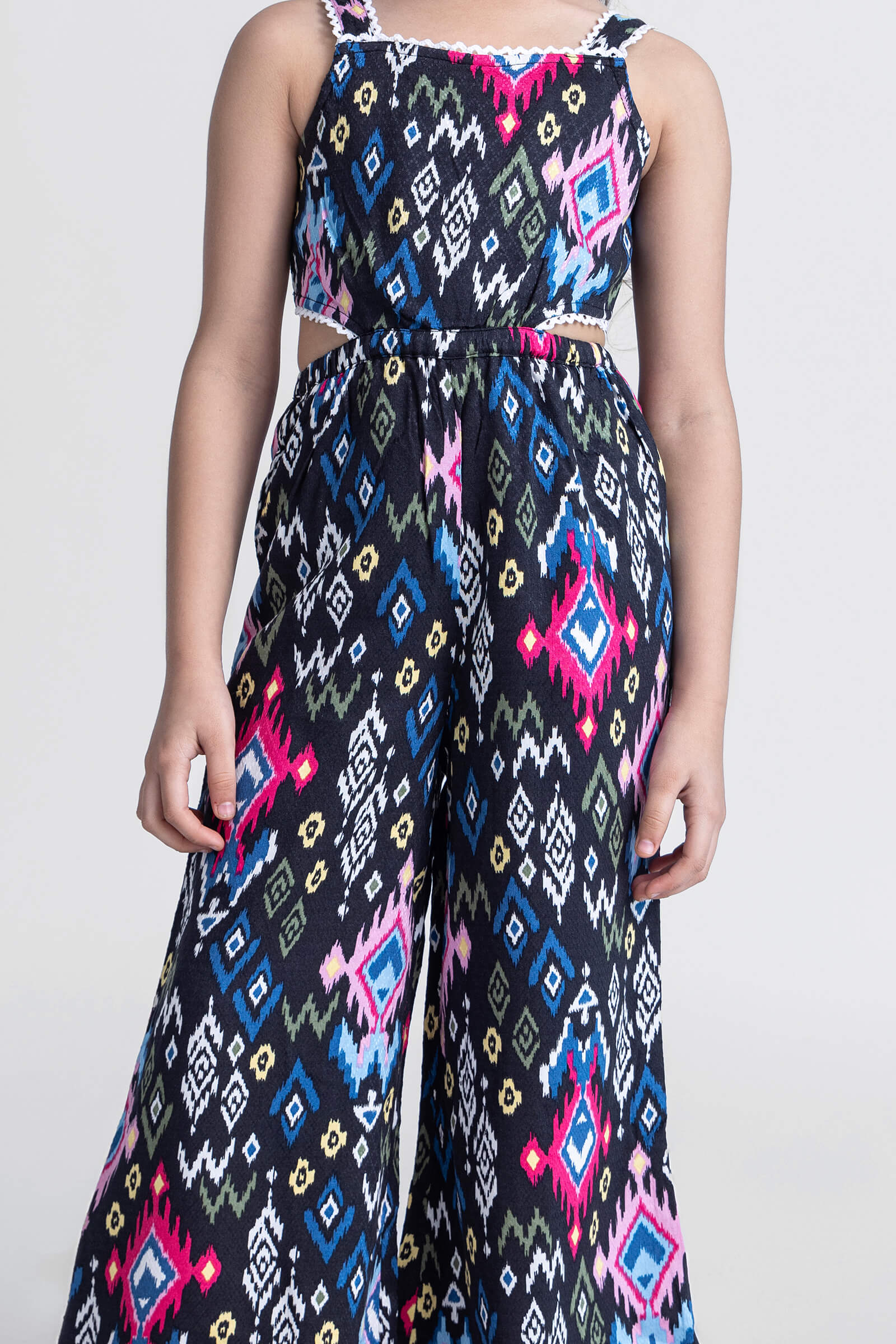 Lace detailed sleeveless Ikat printed back tie-up jumpsuit-Black & Multi