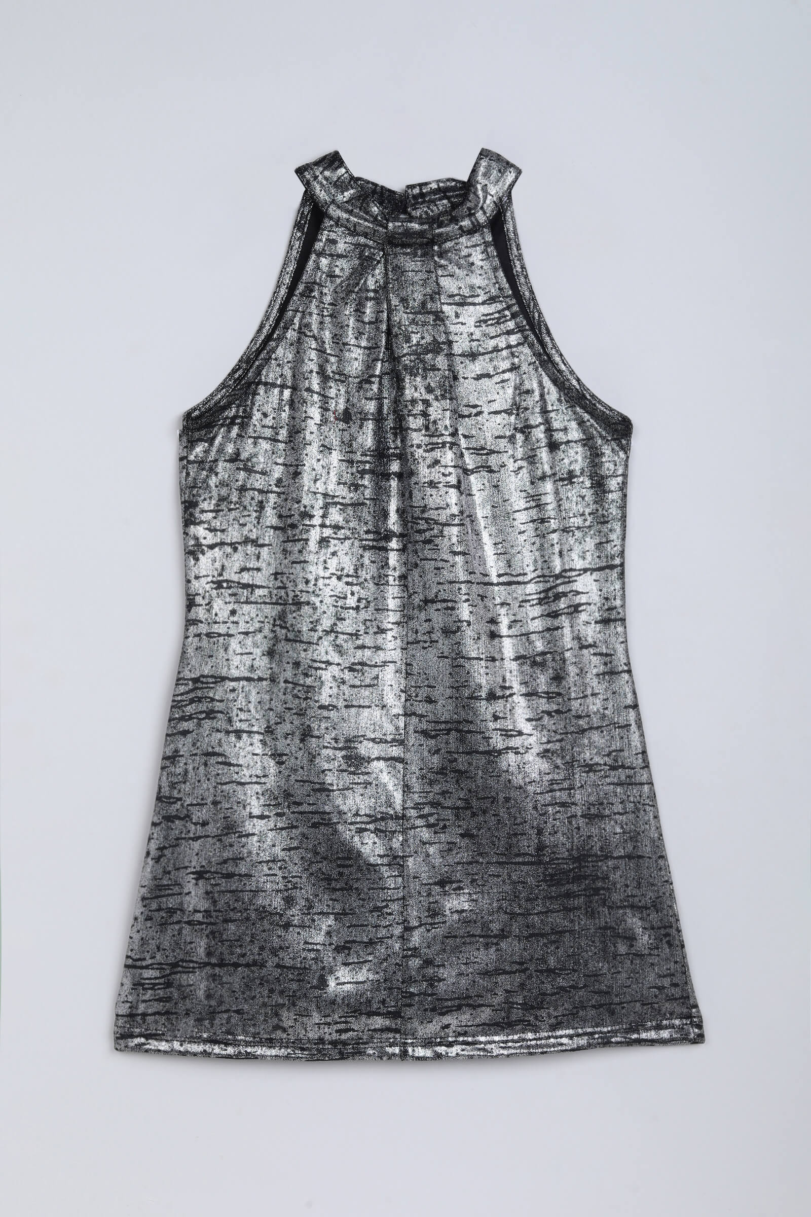 knit sleeveless foil printed halter neck Aline dress-Silver & black