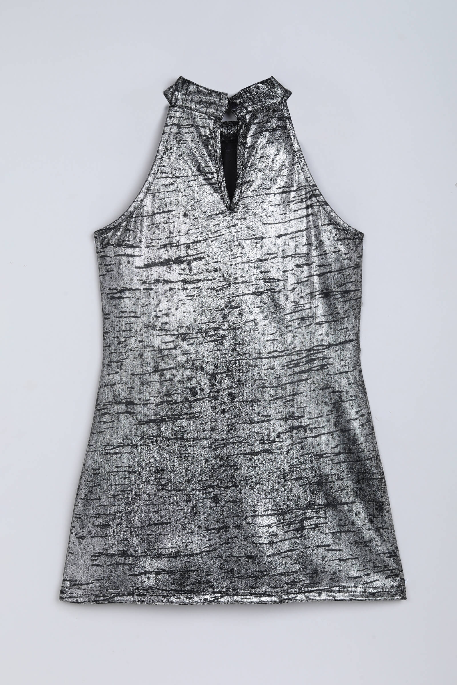knit sleeveless foil printed halter neck Aline dress-Silver & black