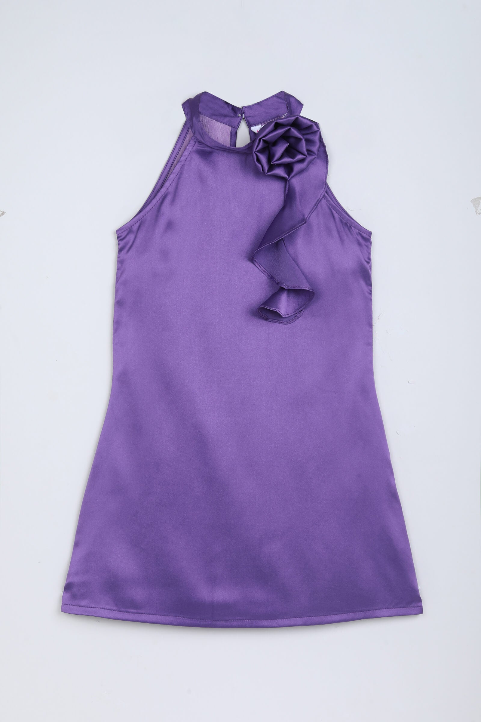 satin woven sleeveless rose applique Aline dress-Purple