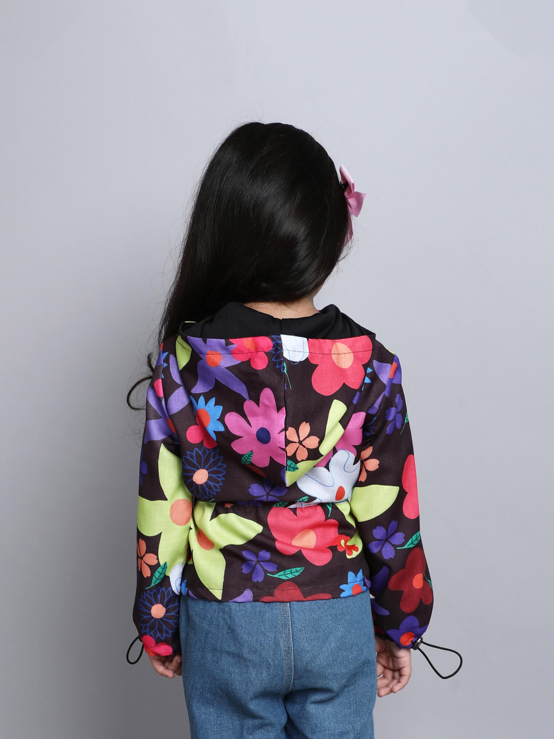 floral printed full sleeves hooded zip up jacket-Multi