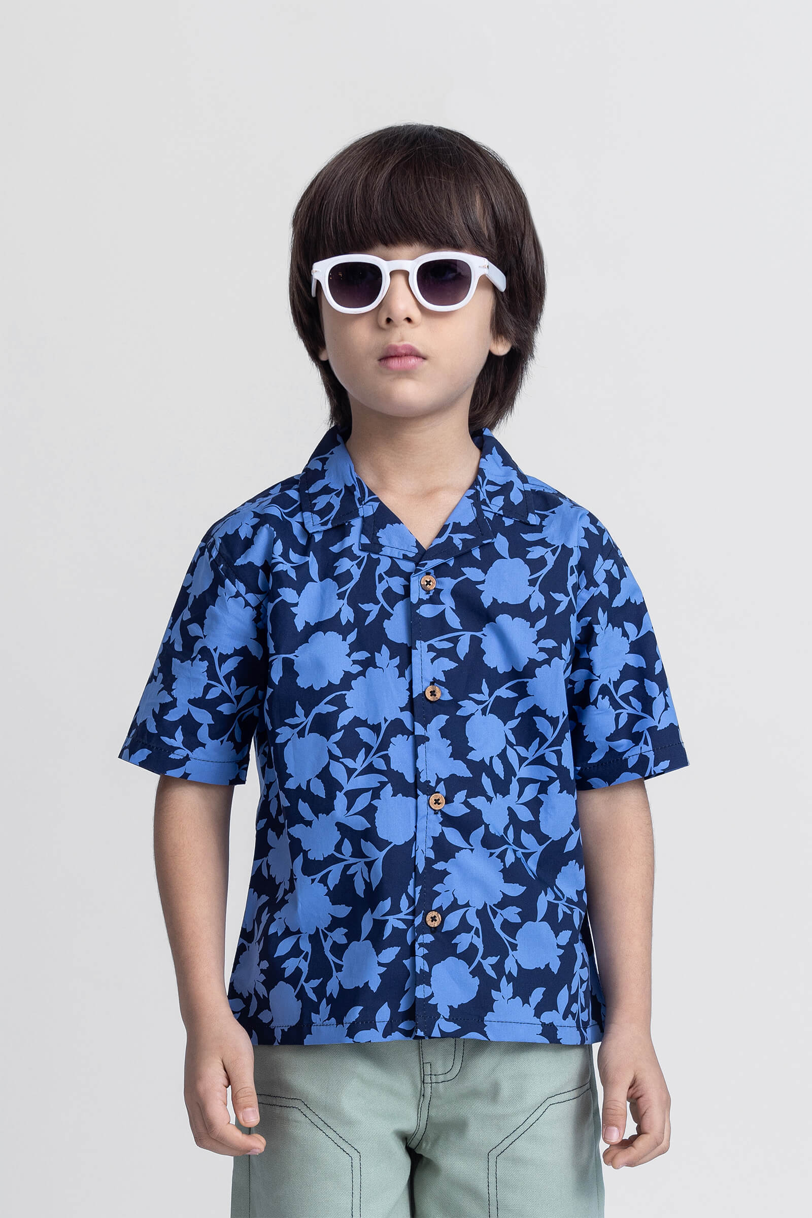 Floral printed half sleeves oversize shirt-Navy blue