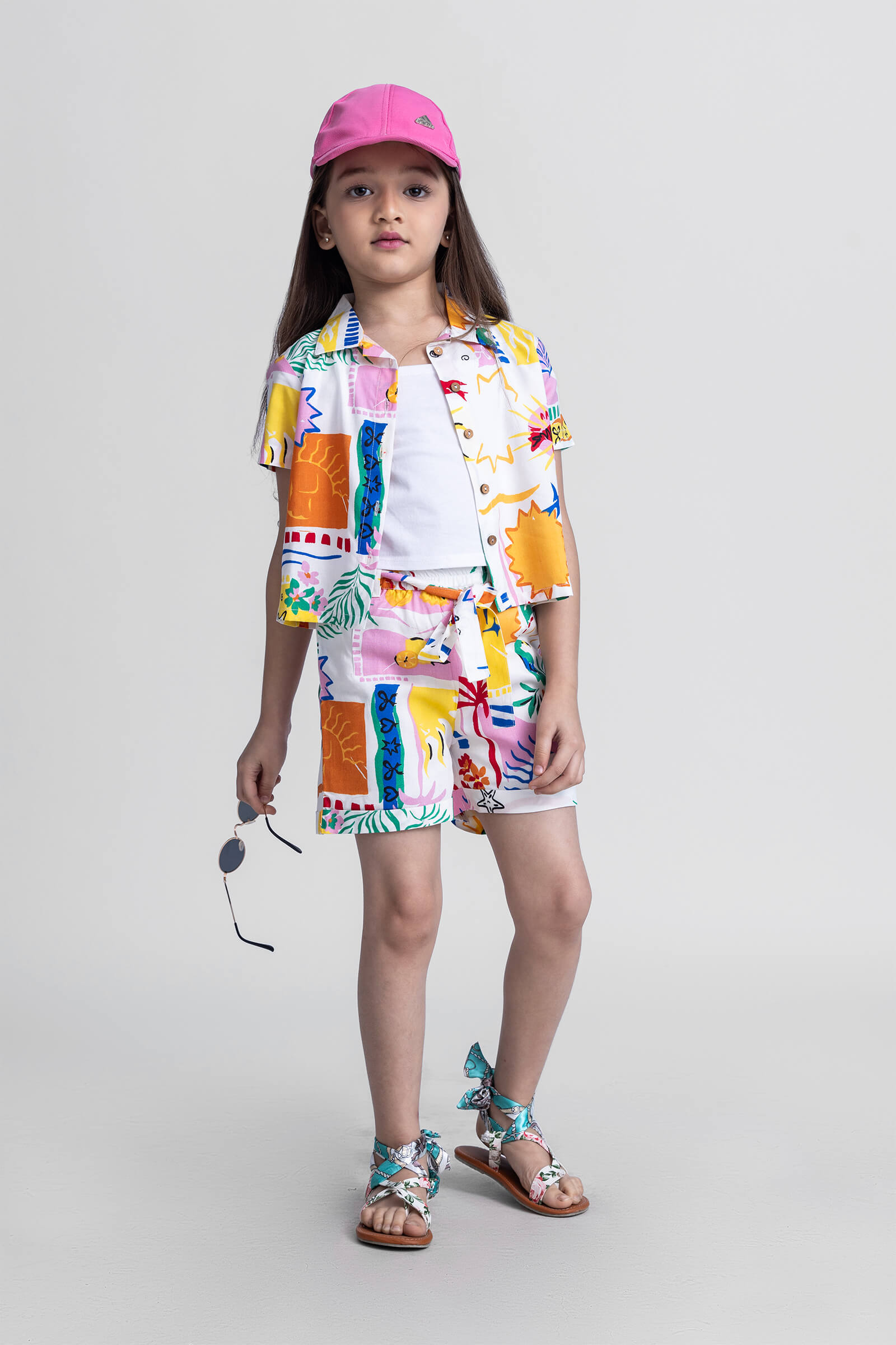 Summer theme printed half sleeves shirt with matching shorts with inner-White & multi